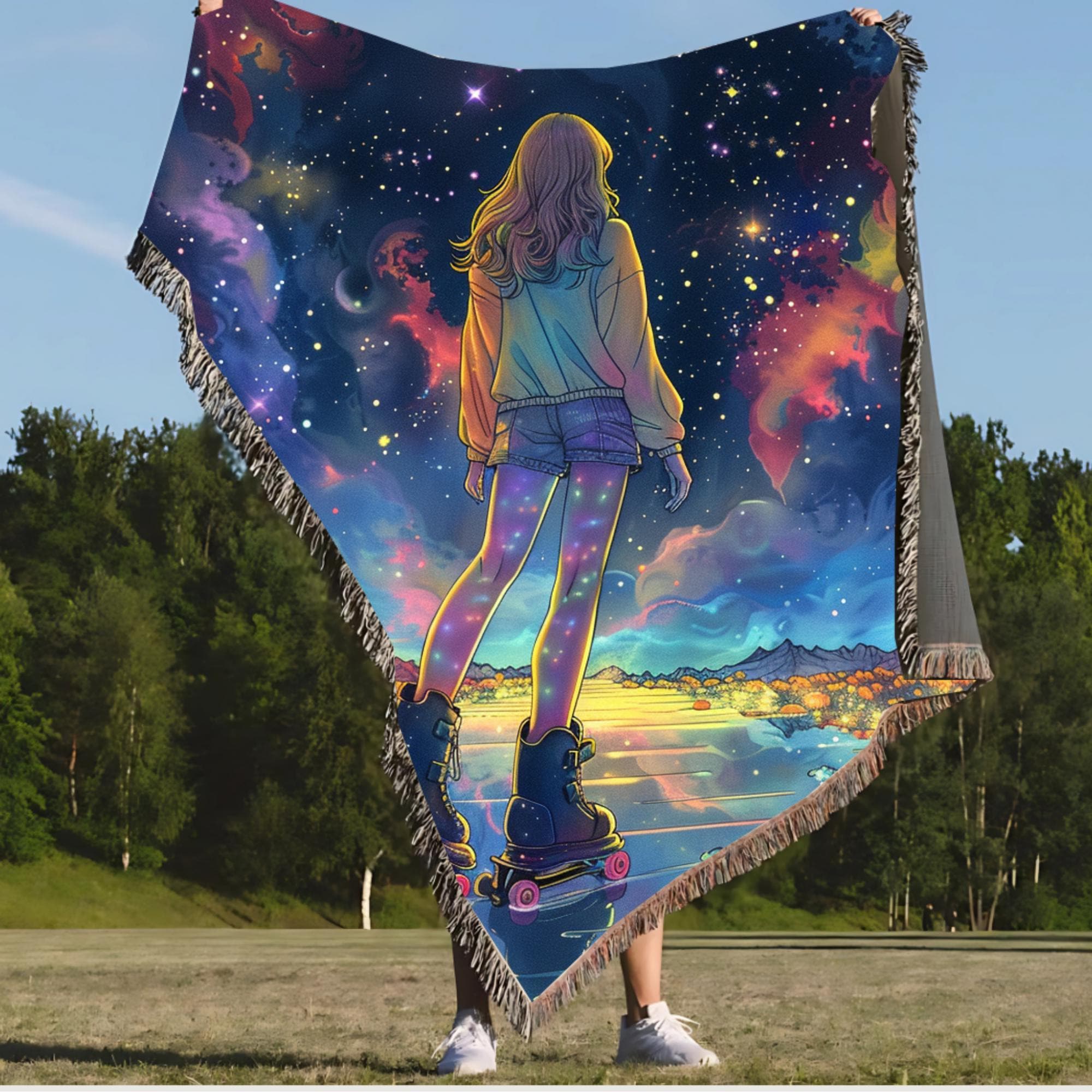 Cosmic Roller Skating Webdecke - Celestial Galaxy Throw, Weltraum Thema Bettwäsche, Astronomie Home Decor, Sternennacht Couchdecke,