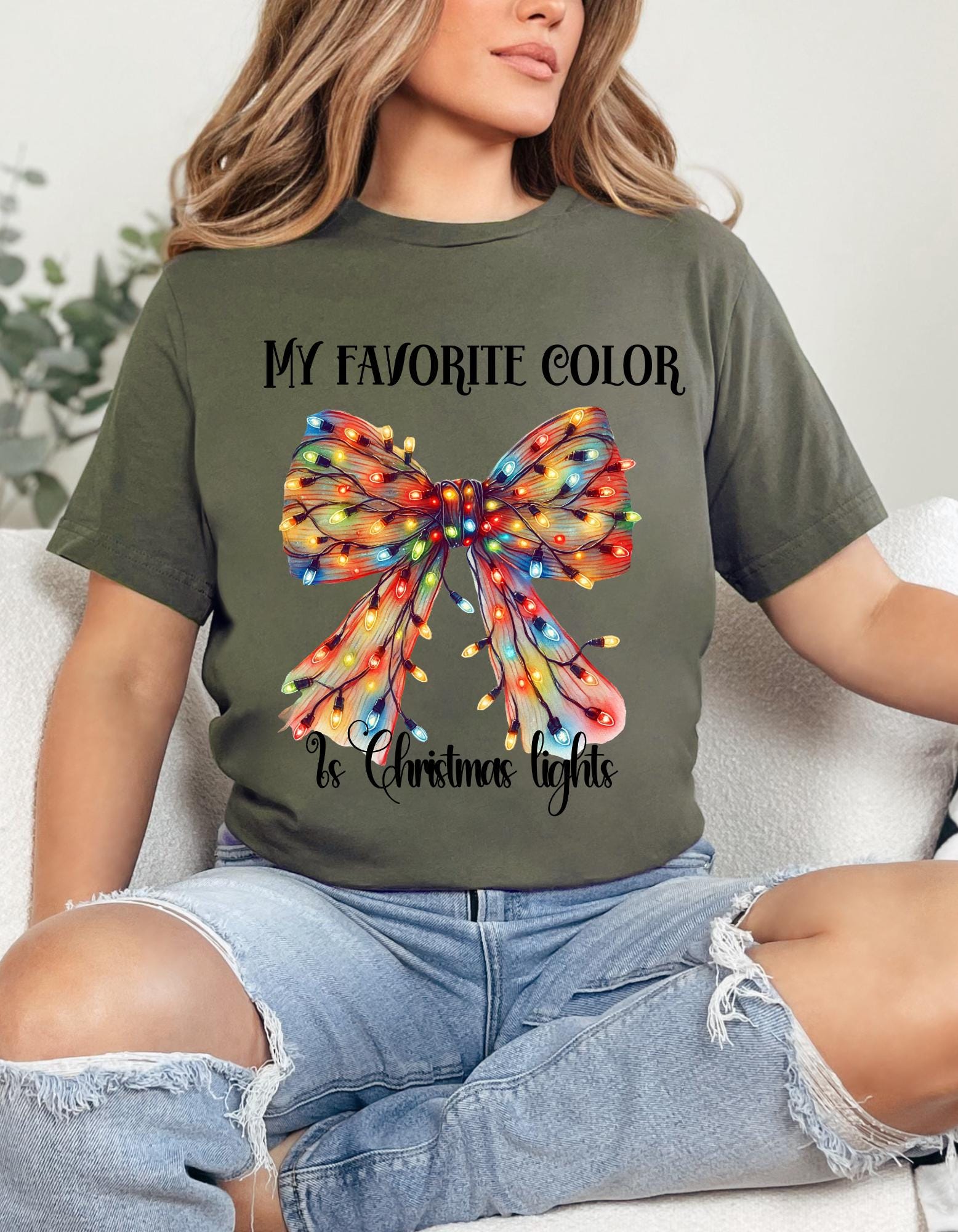 Personalizable My Favorite Color is Christmas Lights Festive Bow T-Shirt - Fun and Cheerful Holiday Apparel