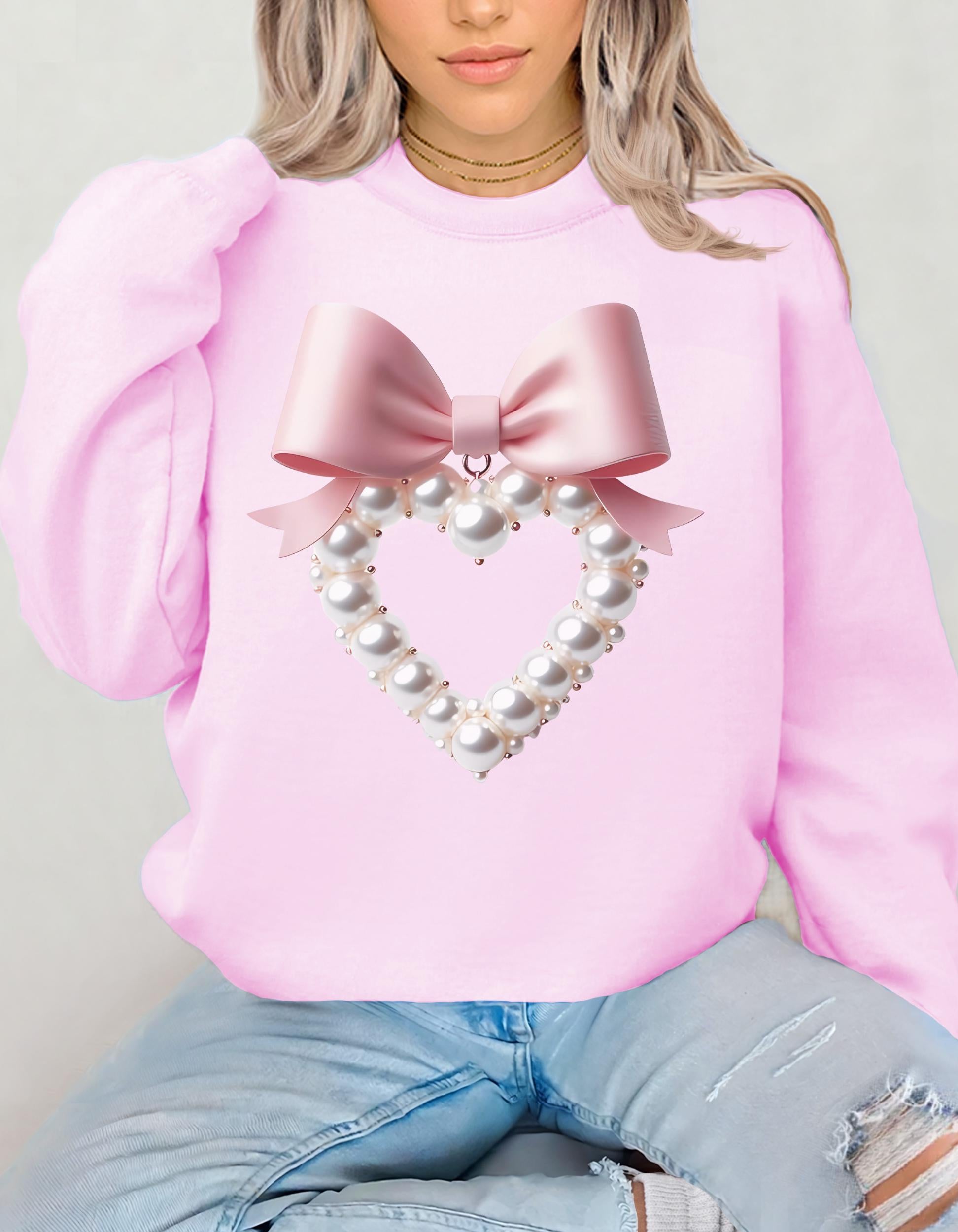 Coquette Pearl Heart Crewneck Sweatshirt, Süßer Schleifenpullover, Weißer Ästhetischer Pullover, Trendy Perlen Design Pullover, Personalisierter Pullover