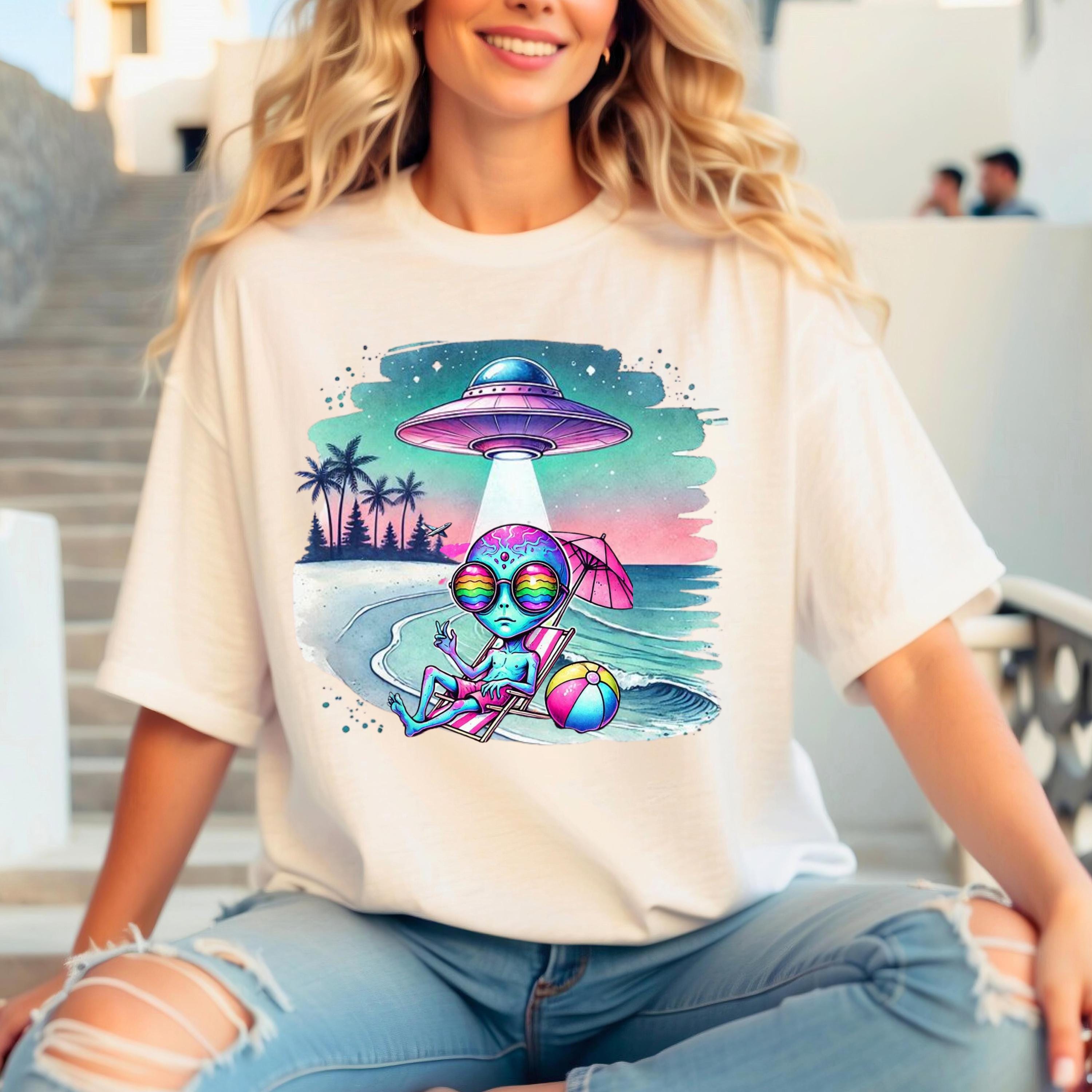 Trippy Alien Unisex Tee, UFO Shirt, Outer Space Beach T-Shirt, Alien Lover Gift, Psychedelic Graphic Top