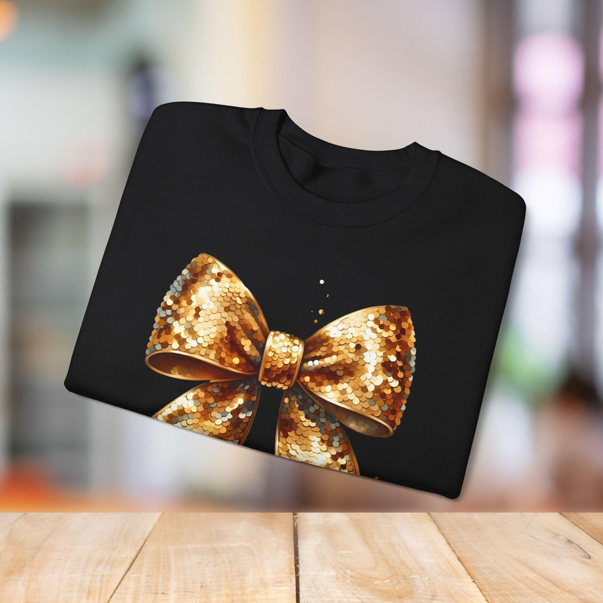 Coquette Gold Bow Sequin Crewneck Sweatshirt for New Year's Party, NYE Sweatshirt, Sparkly Sequin Holiday Sweatshirt, Christmas Sweatshirt,