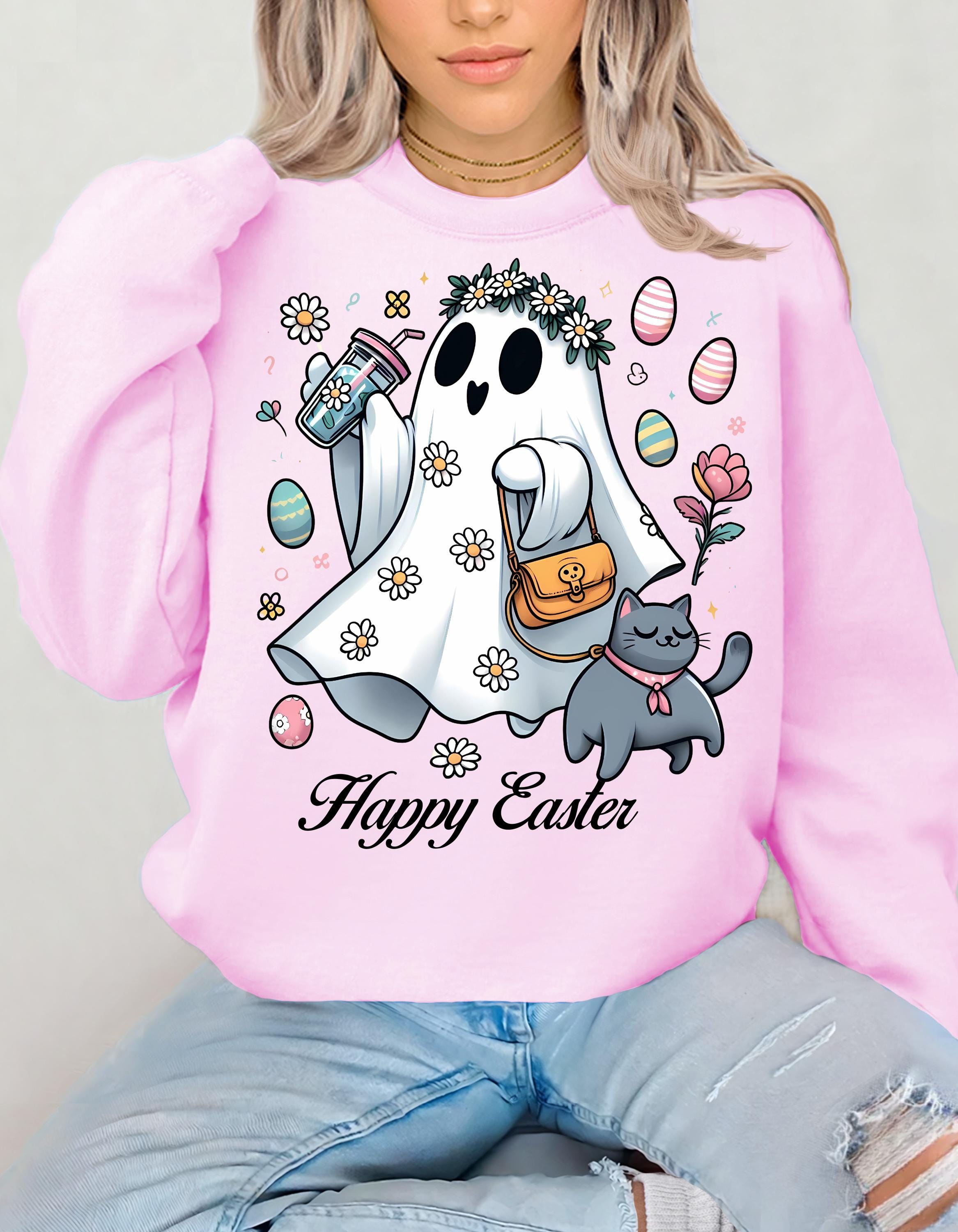 Easter Ghost & Cat Sweatshirt - Perfect Spring Gift, Cozy Crewneck for Cat Lovers, Unisex Sweatshirt, Holiday Apparel, Cute Casual Wear