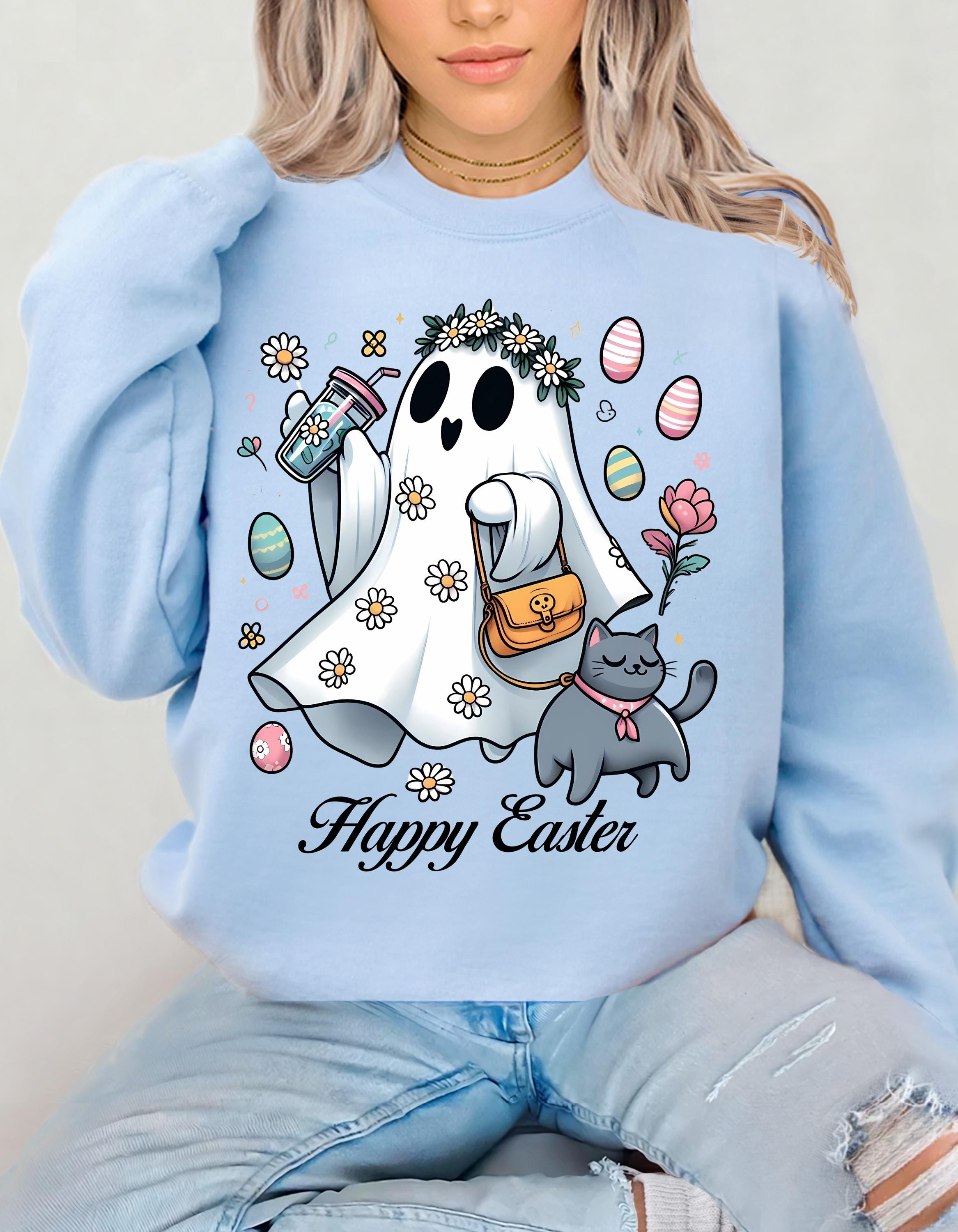 Easter Ghost & Cat Sweatshirt - Perfect Spring Gift, Cozy Crewneck for Cat Lovers, Unisex Sweatshirt, Holiday Apparel, Cute Casual Wear