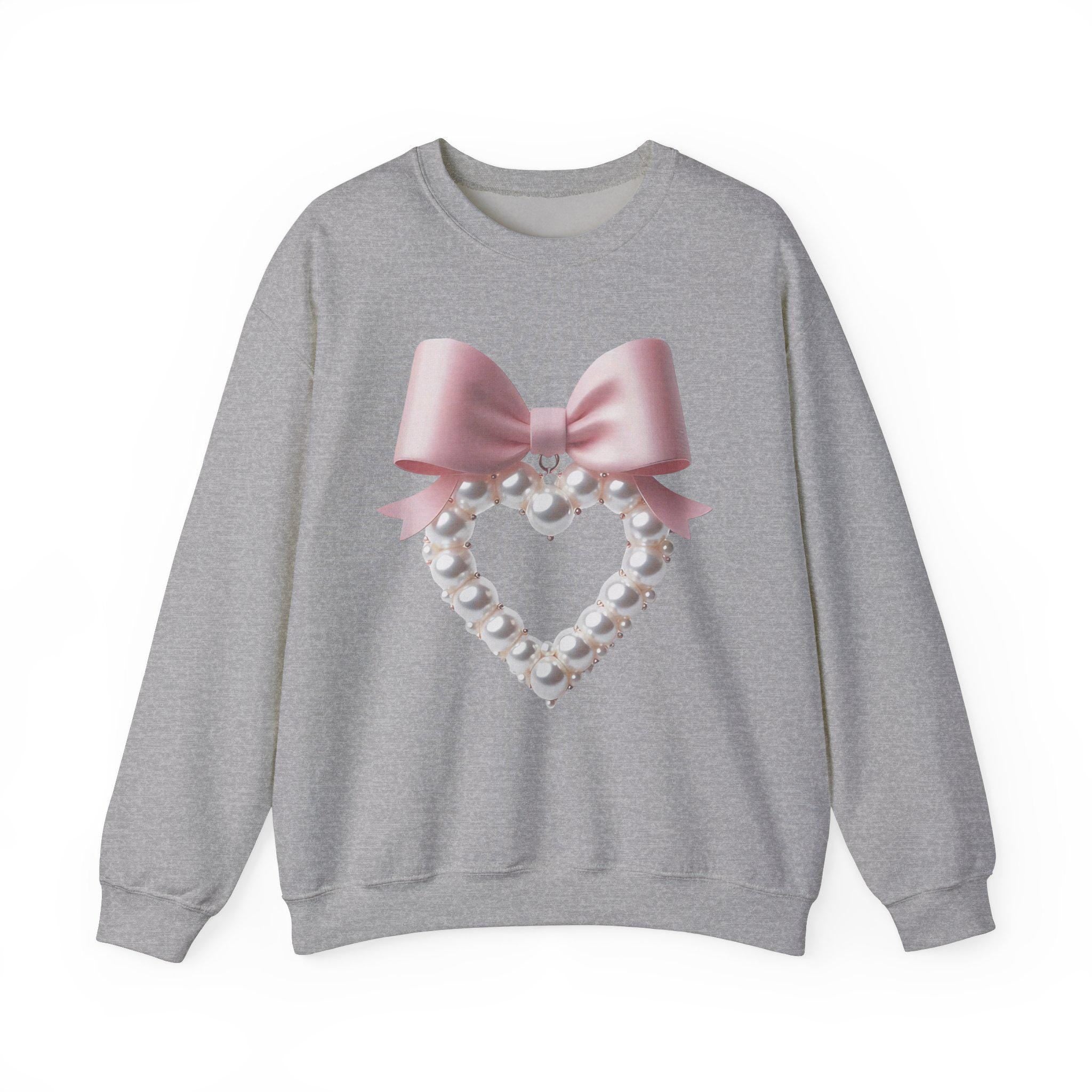 Coquette Pearl Heart Crewneck Sweatshirt, Cute Custom Bow Sweater, White Aesthetic Jumper, Trendy Pearl Design Pullover, Customized Sweater