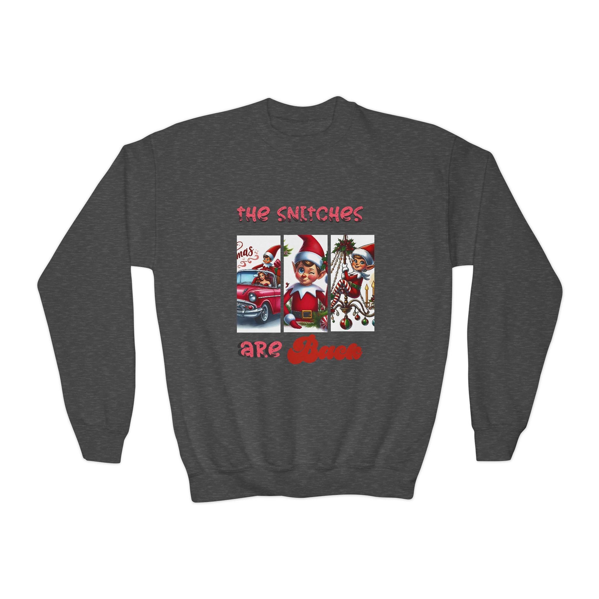 Funny Christmas Elf Parody Youth Crewneck Sweatshirt, Snitches Are Back Winter Jumper, Xmas Holiday Pullover, Kids Novelty Sweater, Secret