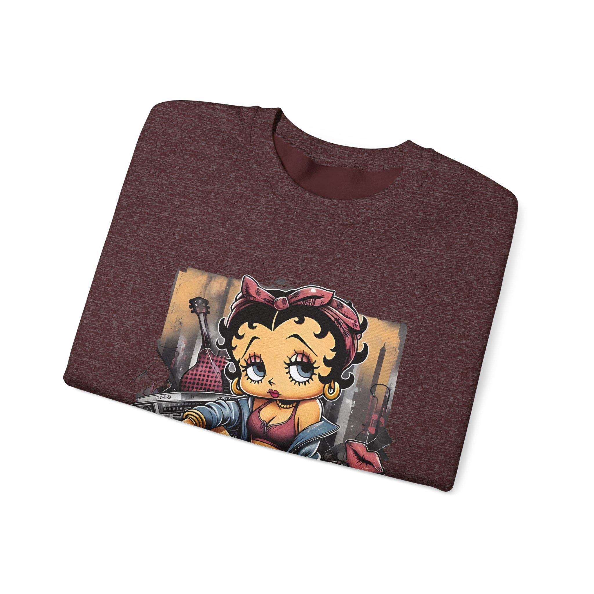 Betty Boop Streetstyle Crewneck Sweatshirt, Urban Design Unisex Pullover Jumper, Retro Cartoon Graphic Top, Casual Fashion Apparel, Gift for