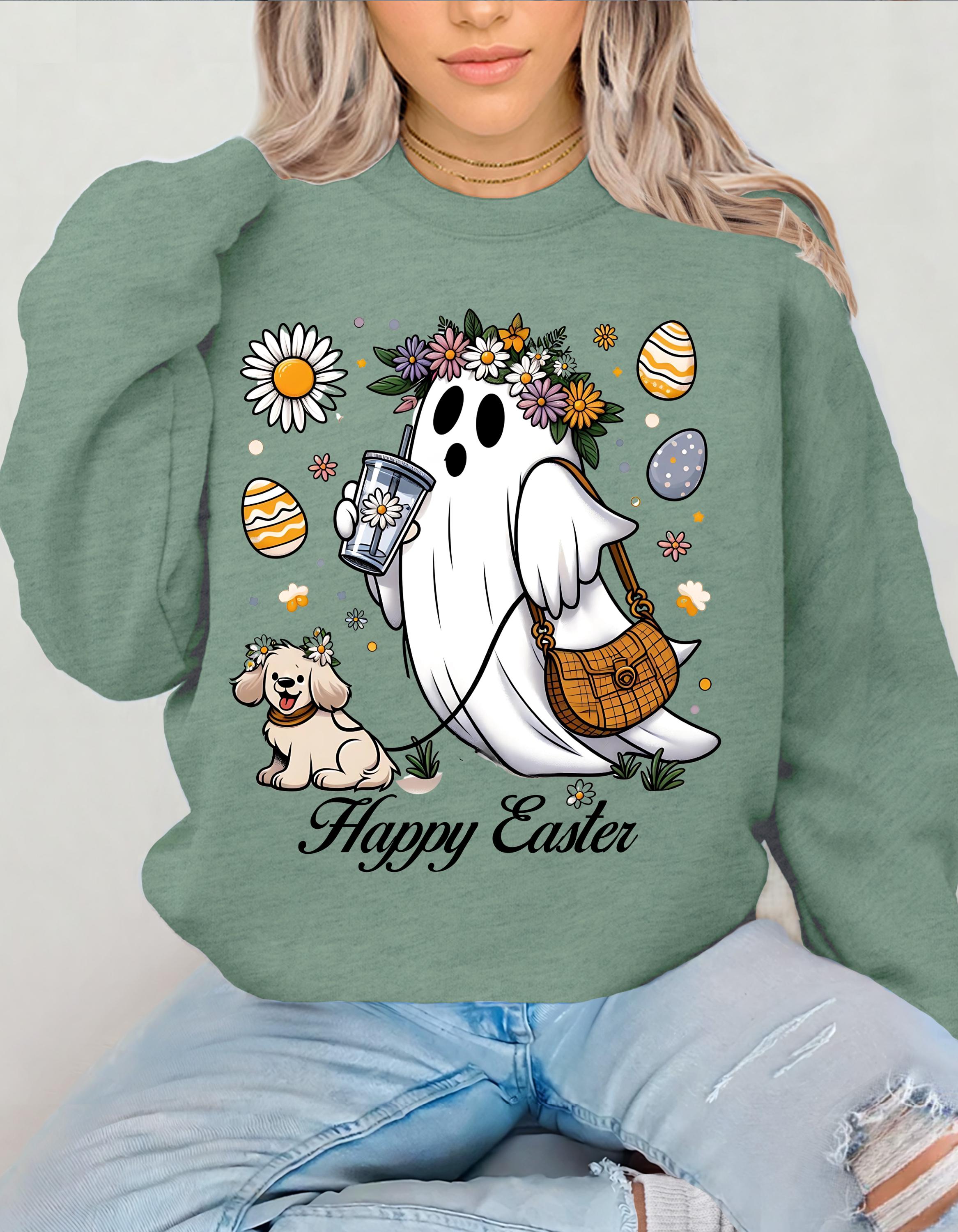 Happy Easter Ghost & Dog Sweatshirt, Unisex Crewneck, Frühlings-Urlaubs-Sweatshirt, Süßes Ostergeschenk, Gemütliche Osterbekleidung, Tierliebhaber Hoodie