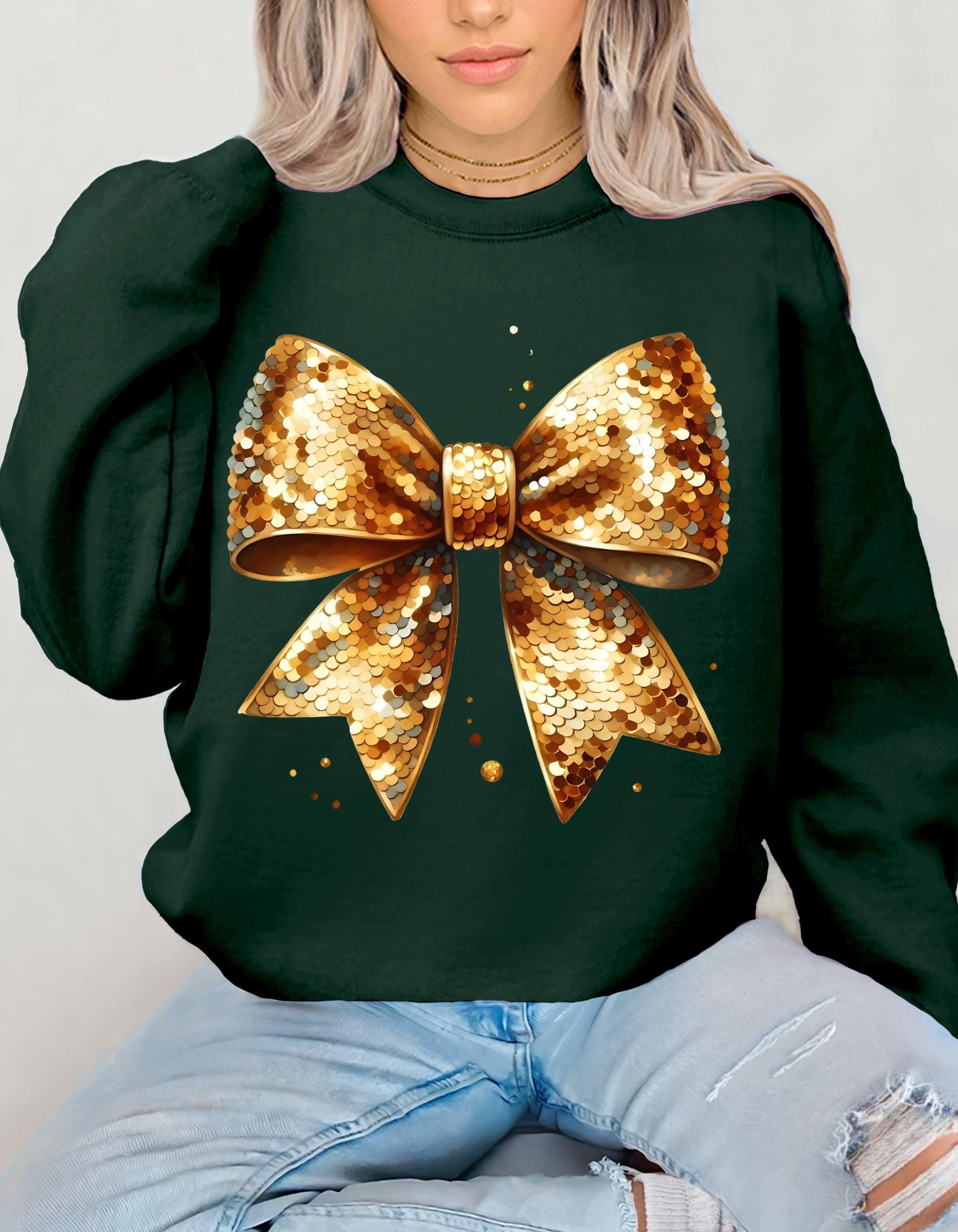 Coquette Gold Bow Sequin Crewneck Sweatshirt for New Year's Party, NYE Sweatshirt, Sparkly Sequin Holiday Sweatshirt, Christmas Sweatshirt,