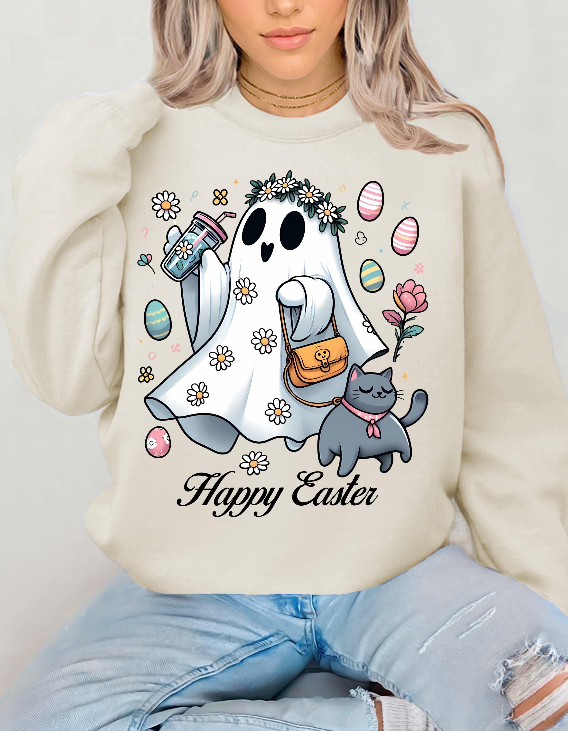 Easter Ghost & Cat Sweatshirt - Perfect Spring Gift, Cozy Crewneck for Cat Lovers, Unisex Sweatshirt, Holiday Apparel, Cute Casual Wear