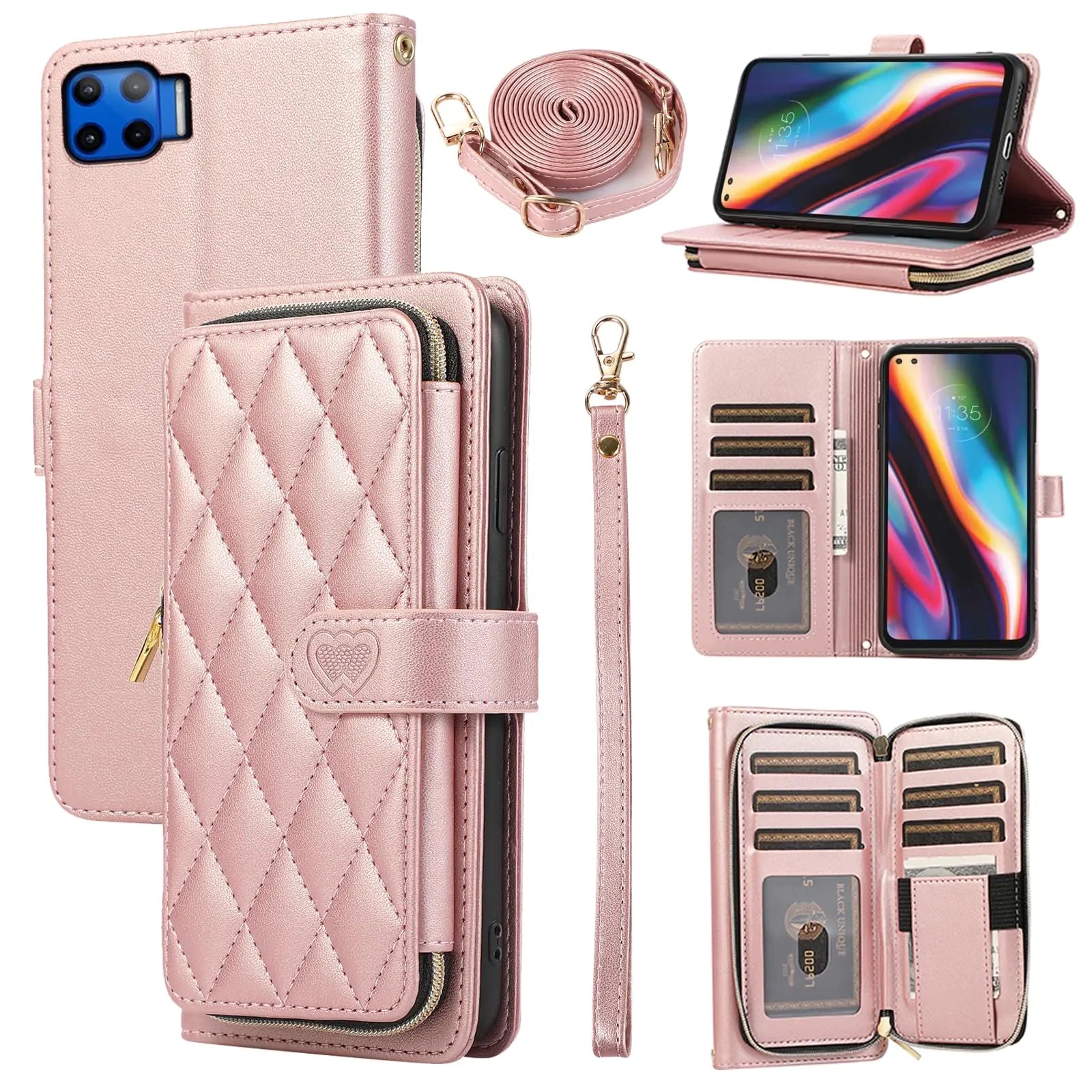 Furiet Argyle Wallet Case for Moto One 5G/One5G UW/Moto G G5 Plus with Wrist Strap Shoulder Strap 9+ Card Slot Zipper Purse Stand Checkered Cell Phone Cover for Motorola One Lite XT2075-1 Rose Gold