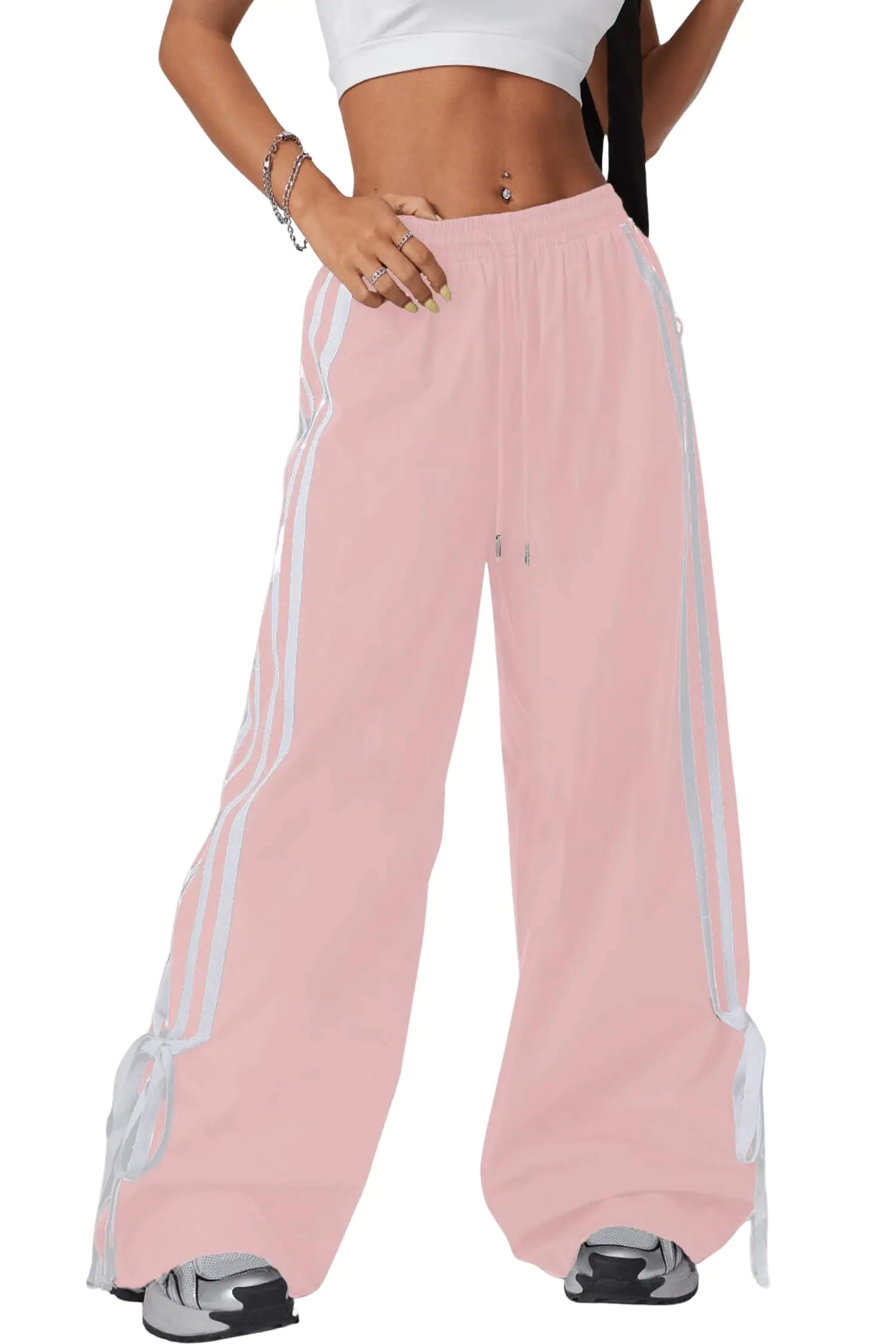 BEAUDRM Damen Y2K Baggy Pants Schleife Weite Hose Gestreifte Trainingshose Elastische Taille Lange Hose Jogginghose Fallschirmhose Pink Large