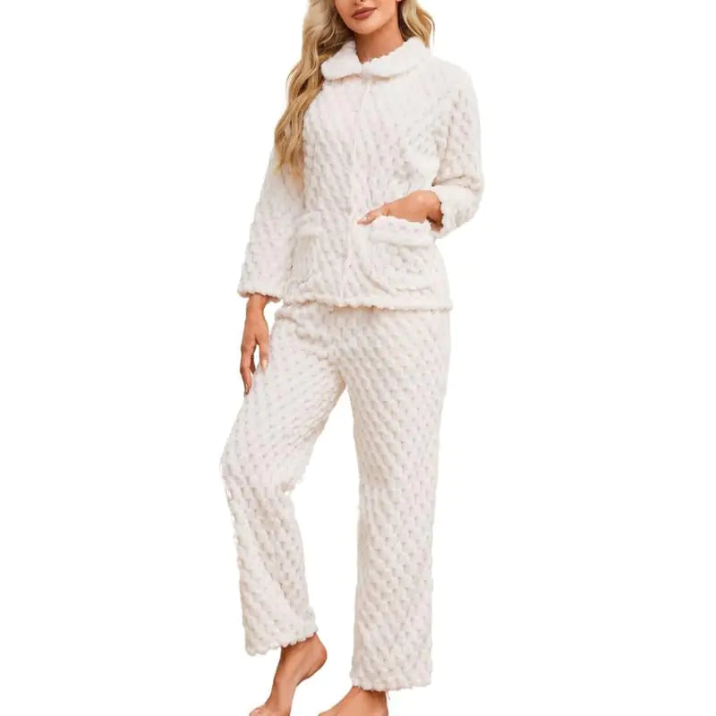 LYCY Damen-Pyjama-Set aus Plüsch, weicher, warmer Fleece-Pyjama für Damen, Nachtwäsche zum Zuknöpfen, Lounge-Pyjama (Weiß, 2XL)