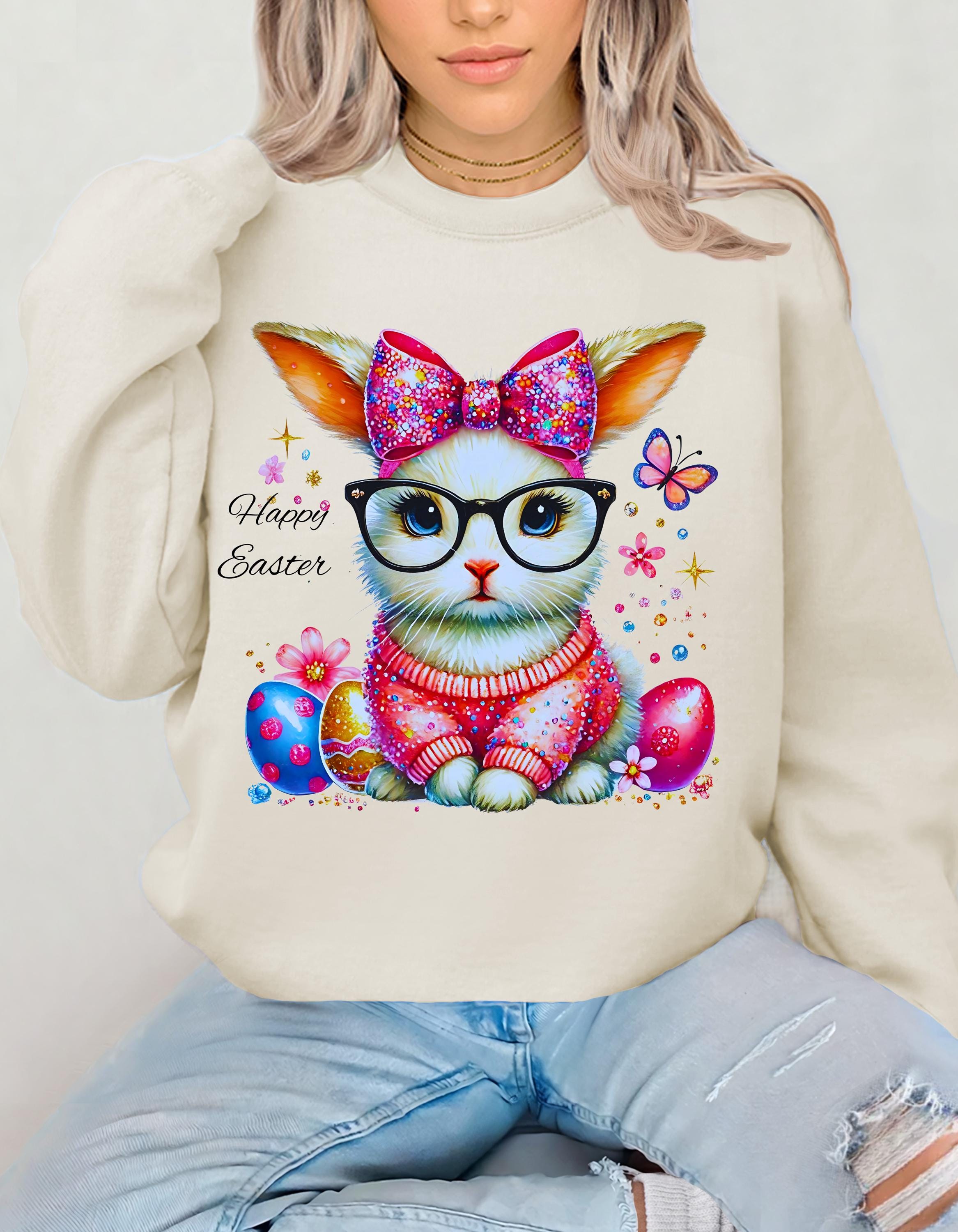 Osterhase Sweatshirt, Lustiger Hasen Brillenpullover, Frühlings-Kokettpullover, Unisex Süßer Hasenpullover, Osterurlaub Crewneck, Hase