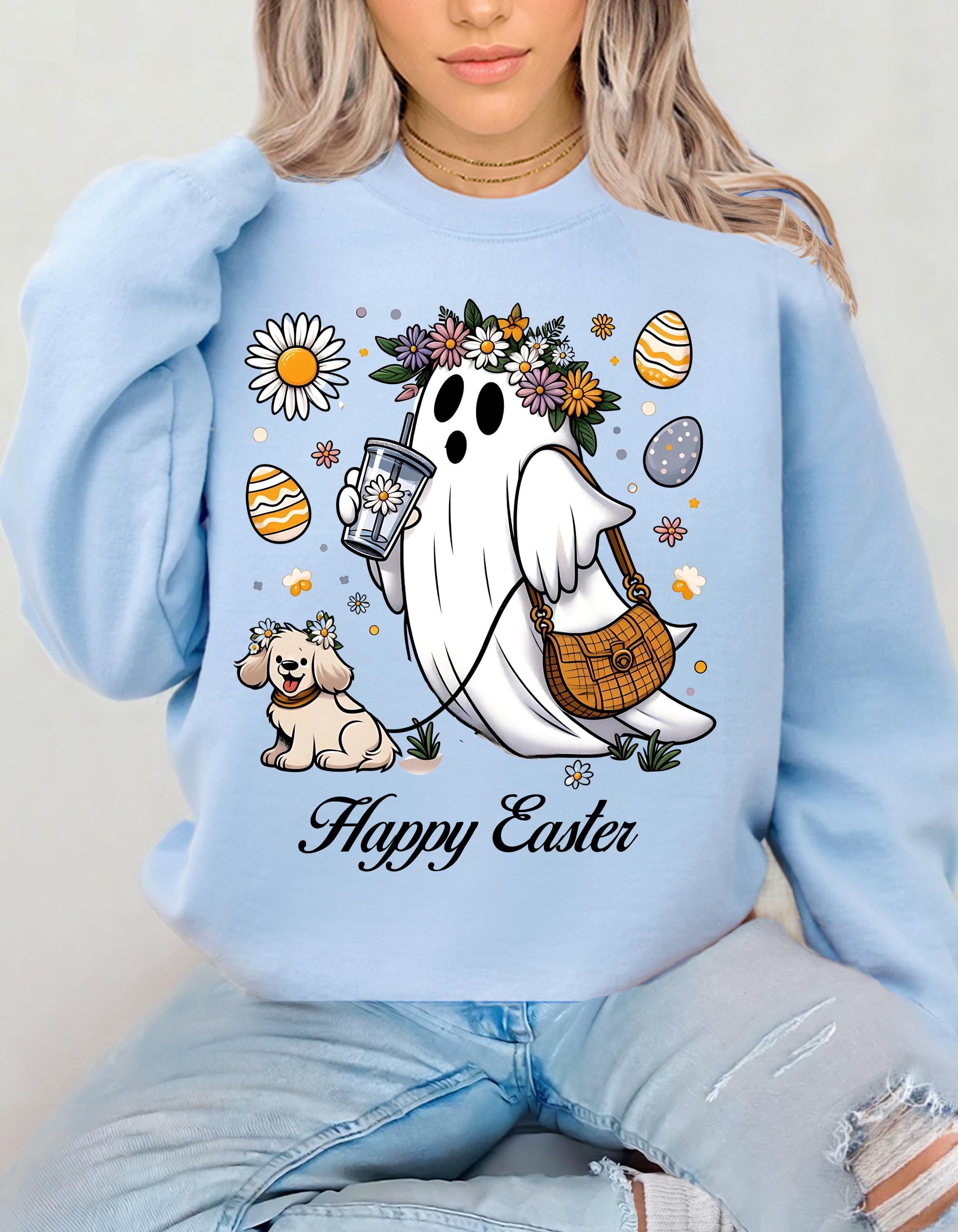 Happy Easter Ghost & Dog Sweatshirt, Unisex Crewneck, Frühlings-Urlaubs-Sweatshirt, Süßes Ostergeschenk, Gemütliche Osterbekleidung, Tierliebhaber Hoodie