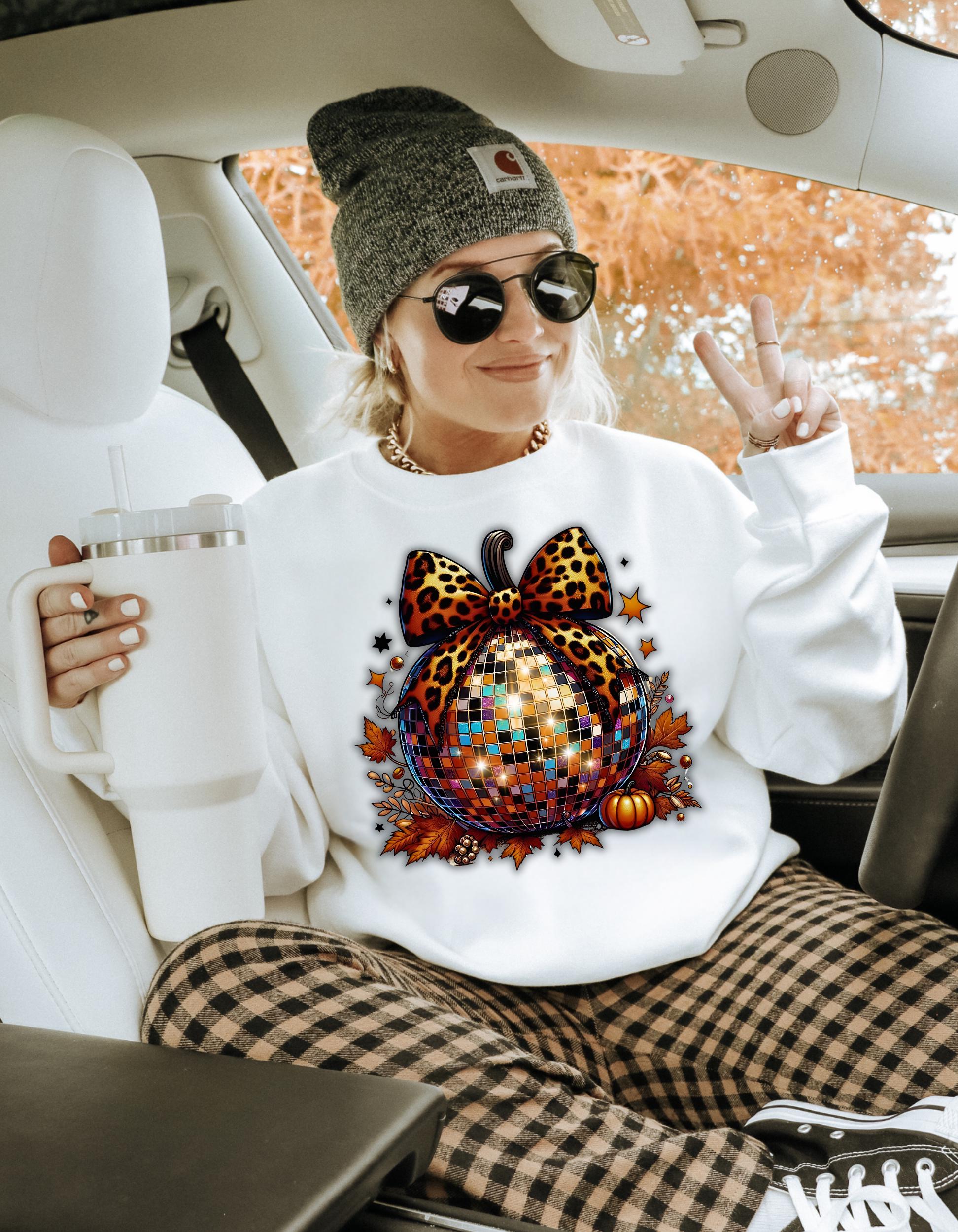 Personalizable Thanksgiving Disco Ball Pumpkin Crewneck Sweatshirt, Coquette Party Dinner Fun, Unisex Jumper