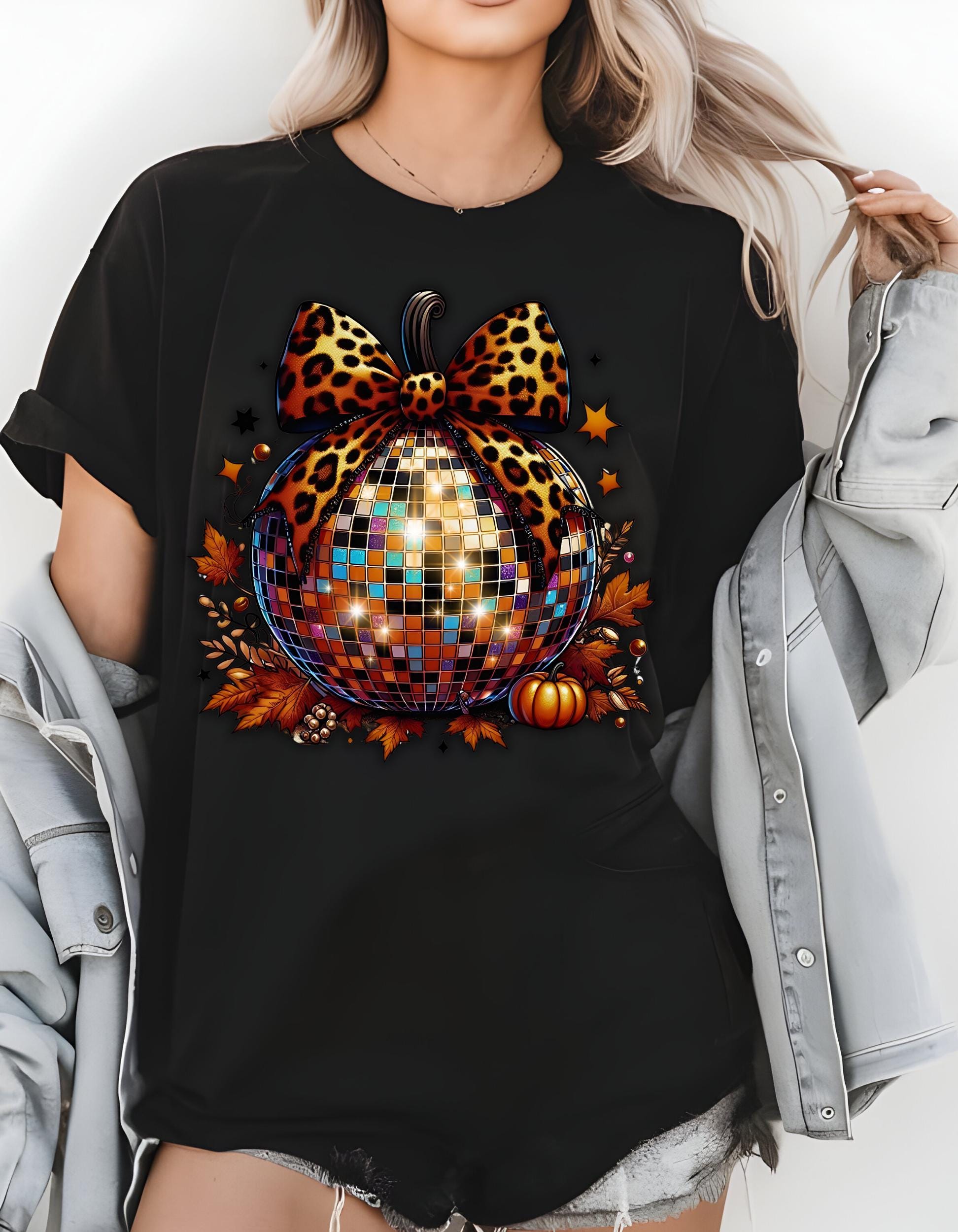 Leopard Print Disco Ball Coquette Pumpkin Thanksgiving Tee, Unisex T-Shirt, Vintage Style Halloween Shirt, Fall Graphic Top, Gender Neutral