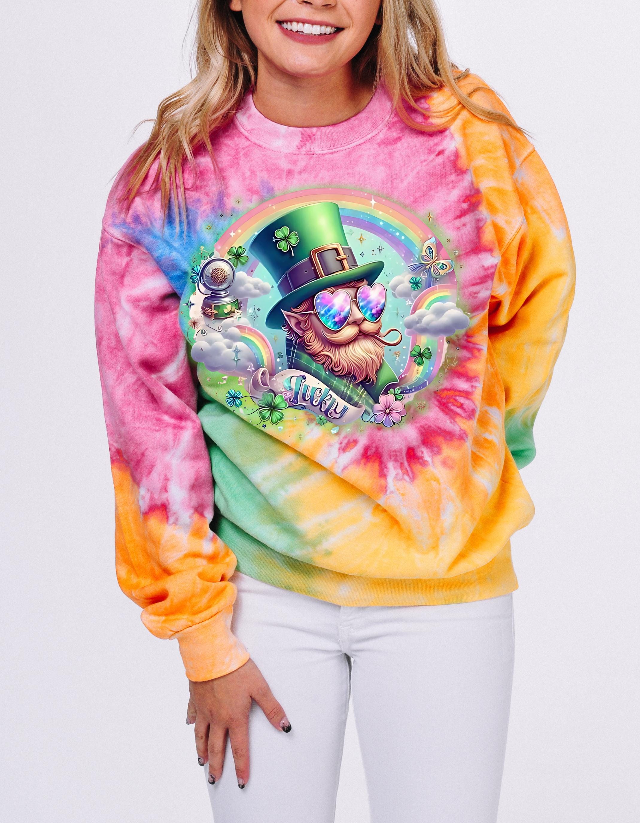 Lephrachaun Rainbow Tie-Dye Sweatshirt for St. Patrick's Day, Unisex Jumper, Discoball Pullover, Luck of the Irish Hoodie, Festive St.