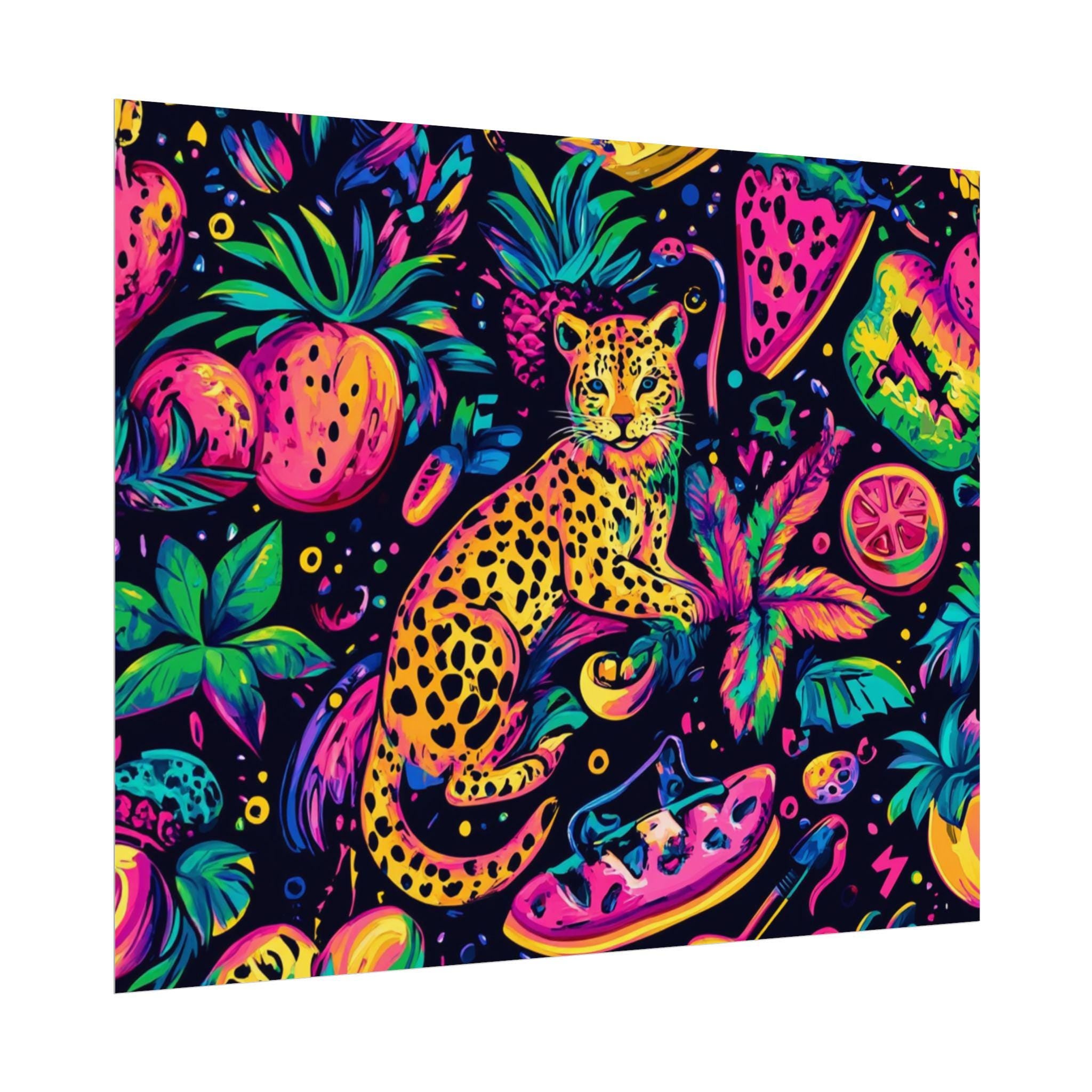 Poster Print, 90s Neon Leopard Geometric Pattern Fruit Summer Maximalist Wall Art, Rolled Posters, Home Decor, Room Decor, Dorm Decor, Gift