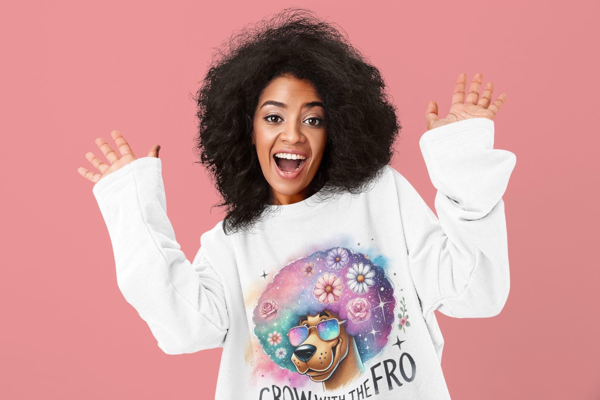 Schwarzes Haar-Wertschätzungs-Unisex-Sweatshirt, Grow with the Fro, Great Dane Hippie Hundeshirt, Gemütlicher Pullover, Crewneck-Pullover, Winterkleidung