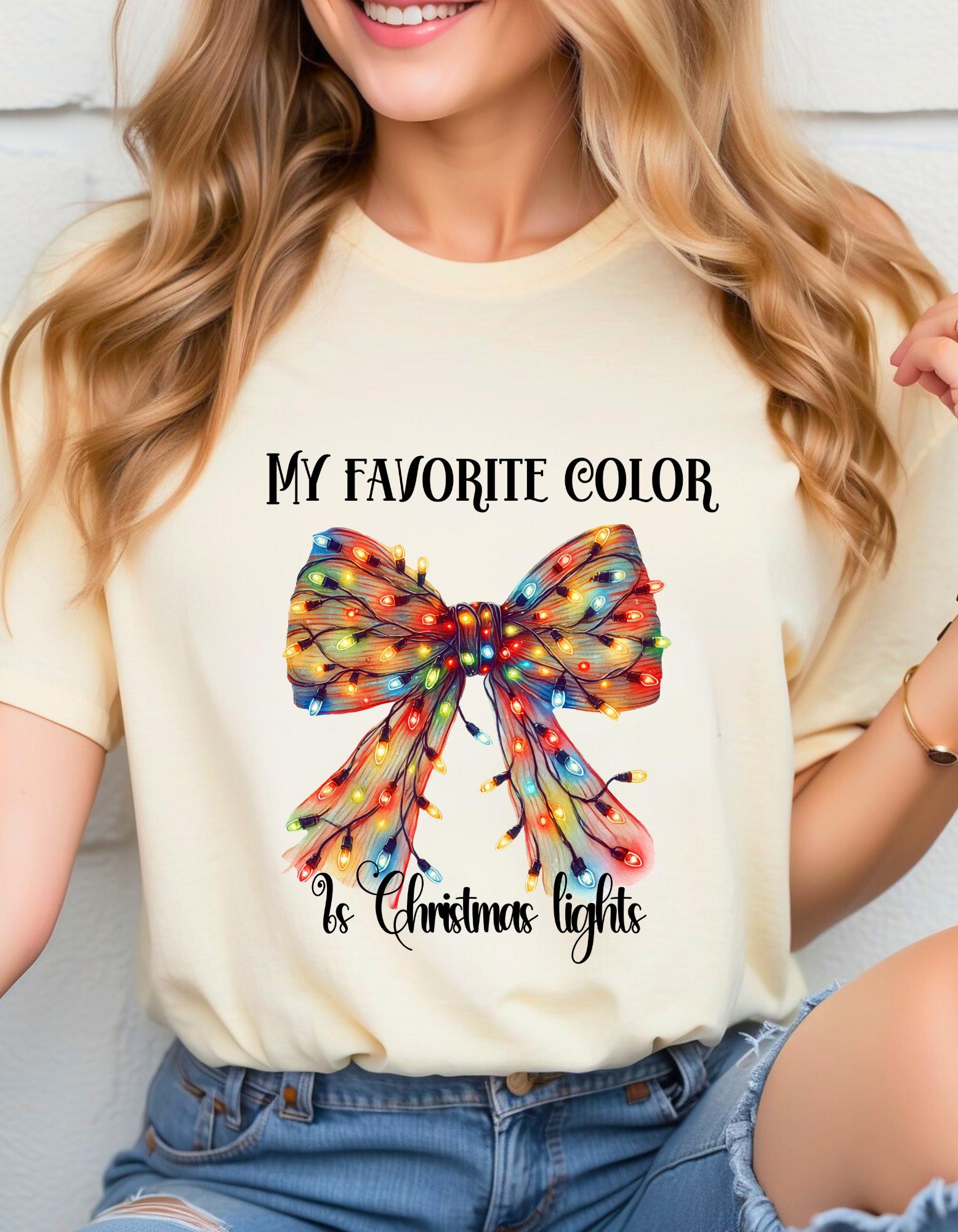 Personalizable My Favorite Color is Christmas Lights Festive Bow T-Shirt - Fun and Cheerful Holiday Apparel