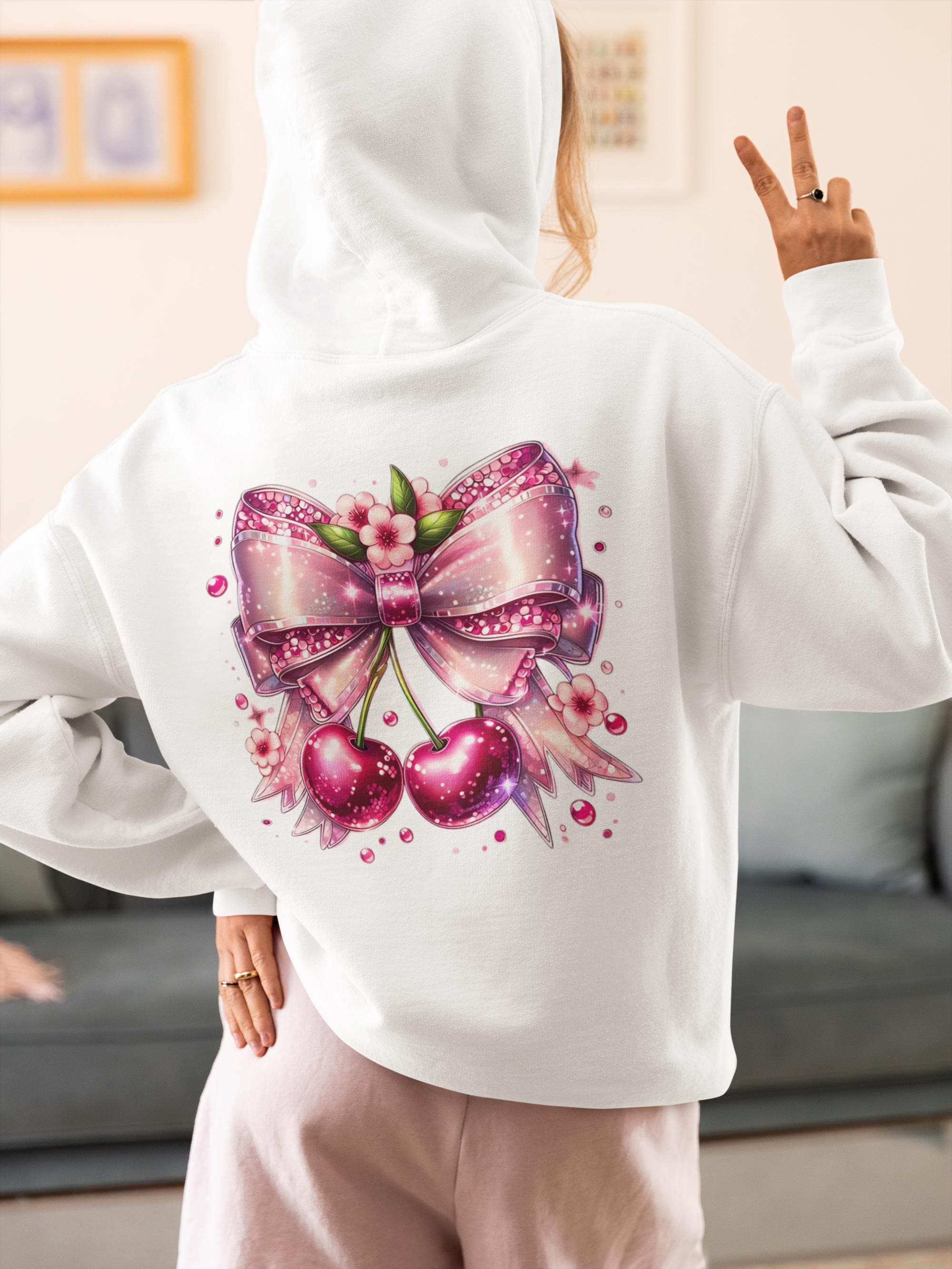 Cherry Fruit Hoodie, Unique Handmade Gift for Her, Floral Pattern Sweatshirt, Gardeners Delight, Sequined Art, Rose Gold Bow, Coquette