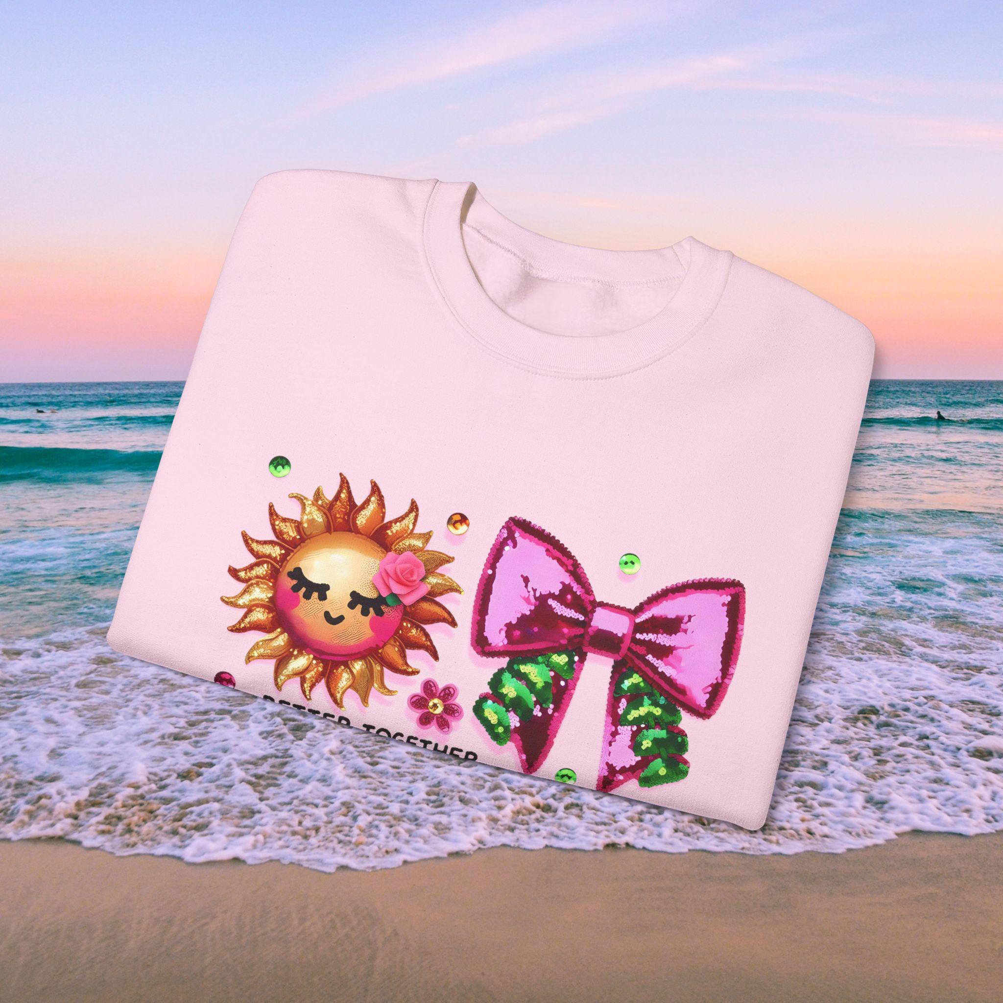 Pailletten-Wassermelonen-Sweatshirt, Rosa & Grüne Schleife, Funkelnde Sommerkunst, Hyperrealistische Pailletten, Kokette Schleifen-Design, Sommer-Sublimation