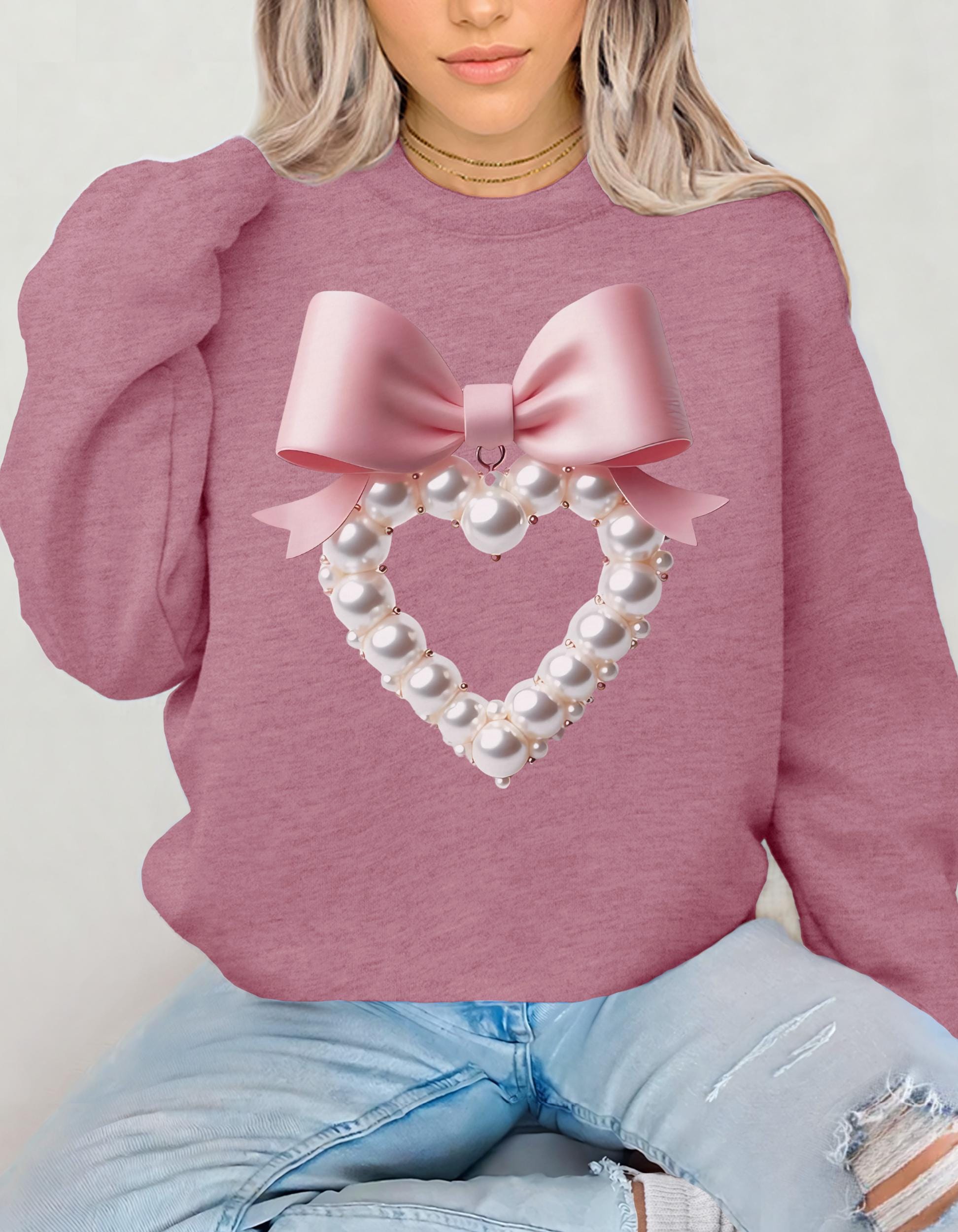 Coquette Pearl Heart Crewneck Sweatshirt, Cute Custom Bow Sweater, White Aesthetic Jumper, Trendy Pearl Design Pullover, Customized Sweater