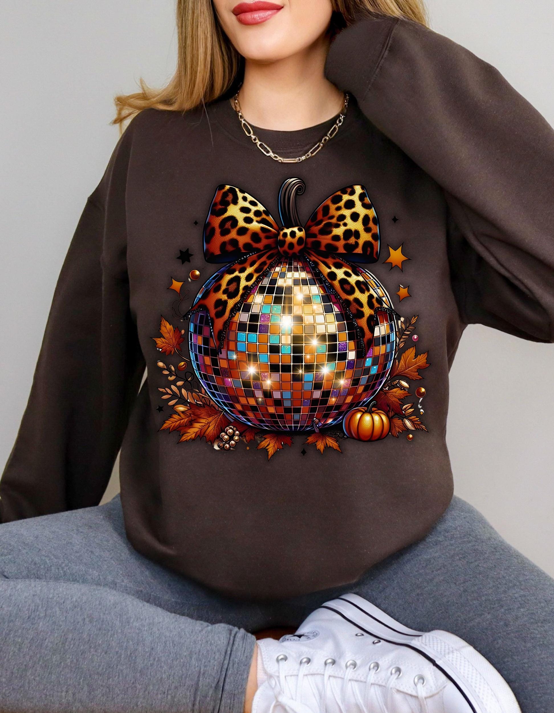 Personalizable Thanksgiving Disco Ball Pumpkin Crewneck Sweatshirt, Coquette Party Dinner Fun, Unisex Jumper