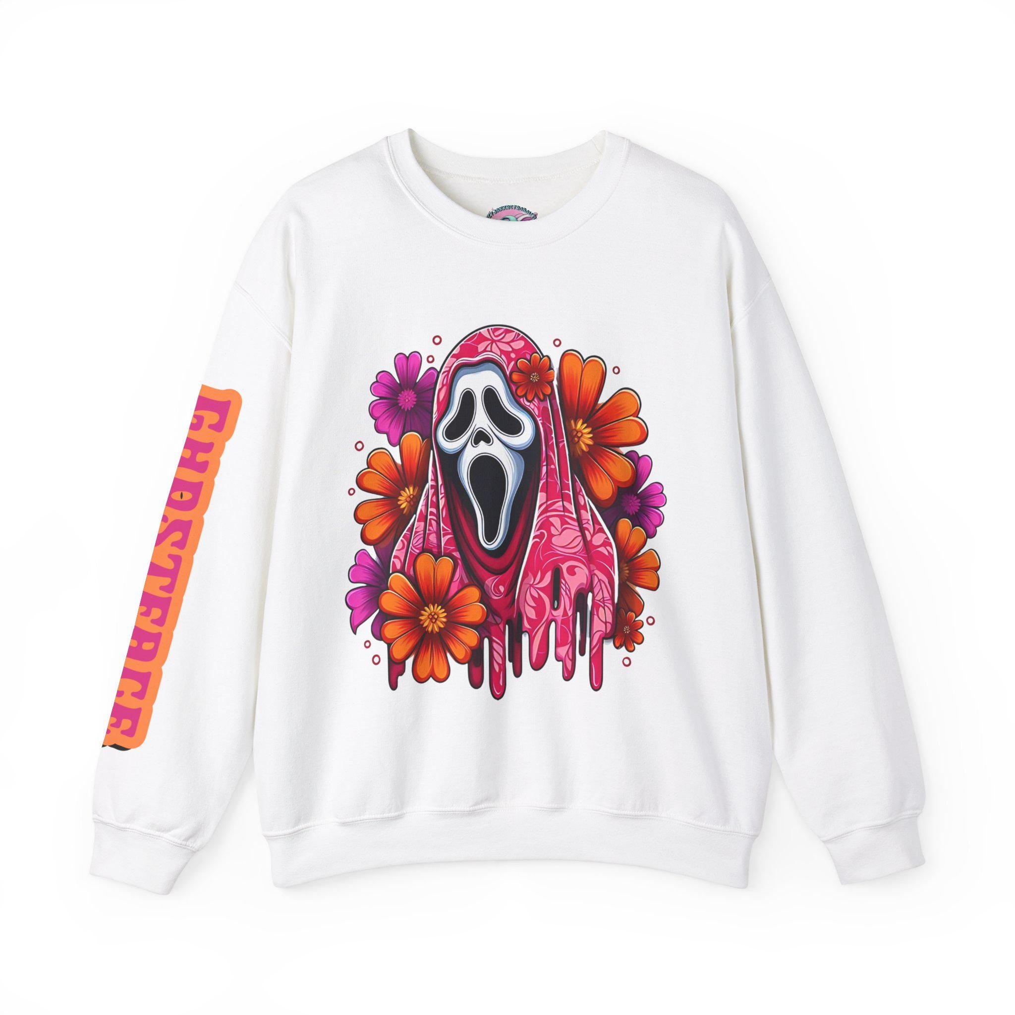 Personalisierbares Boho Geister Sweatshirt - Halloween Hippie Horror Pullover mit floralem Geistersweatshirt