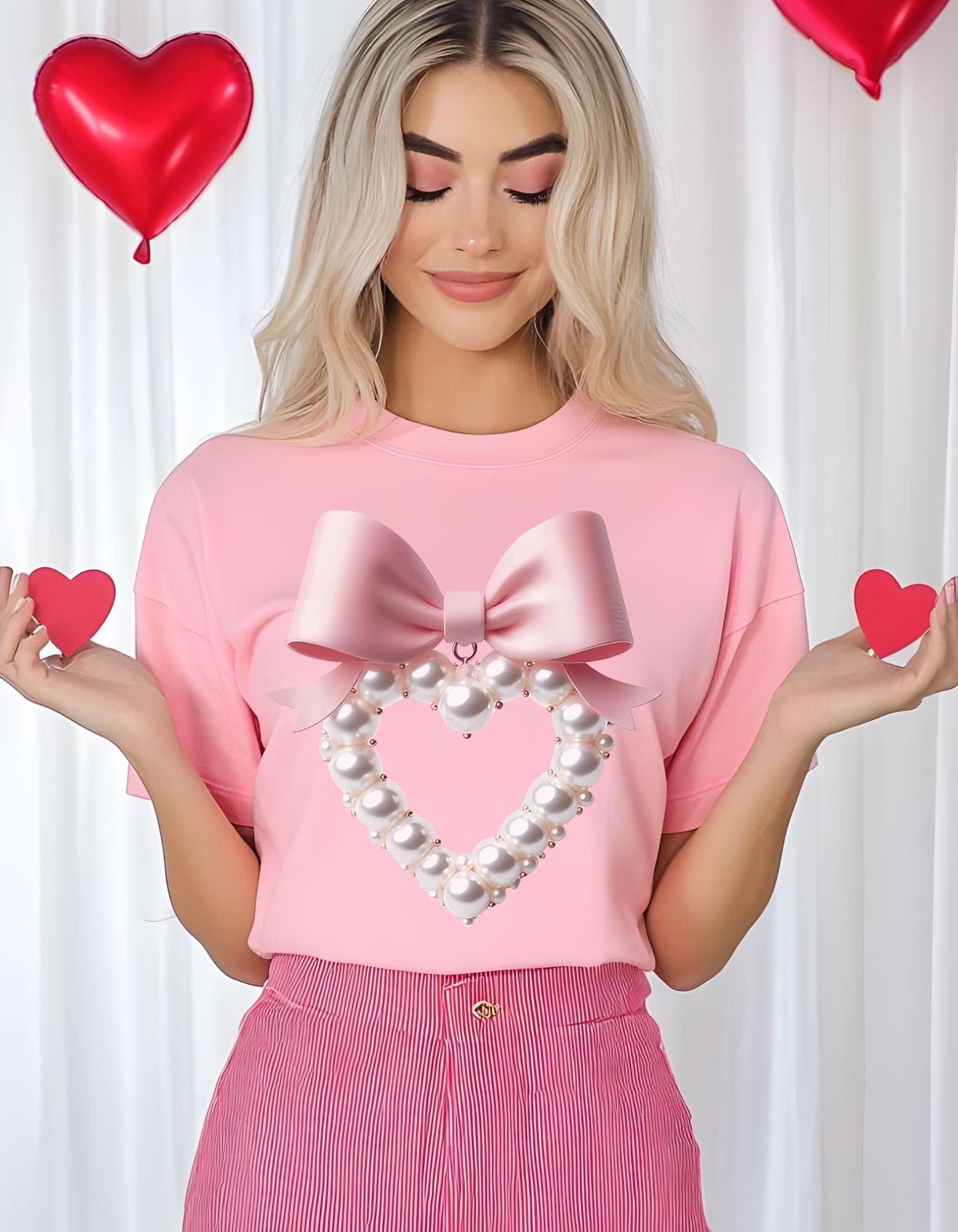 Personalizable Coquette Pearl Heart Sweater, Cute Pearl Aesthetic Shirt, Custom White Bow Tee, Unisex Cotton Top, Coquette Bow Sweater