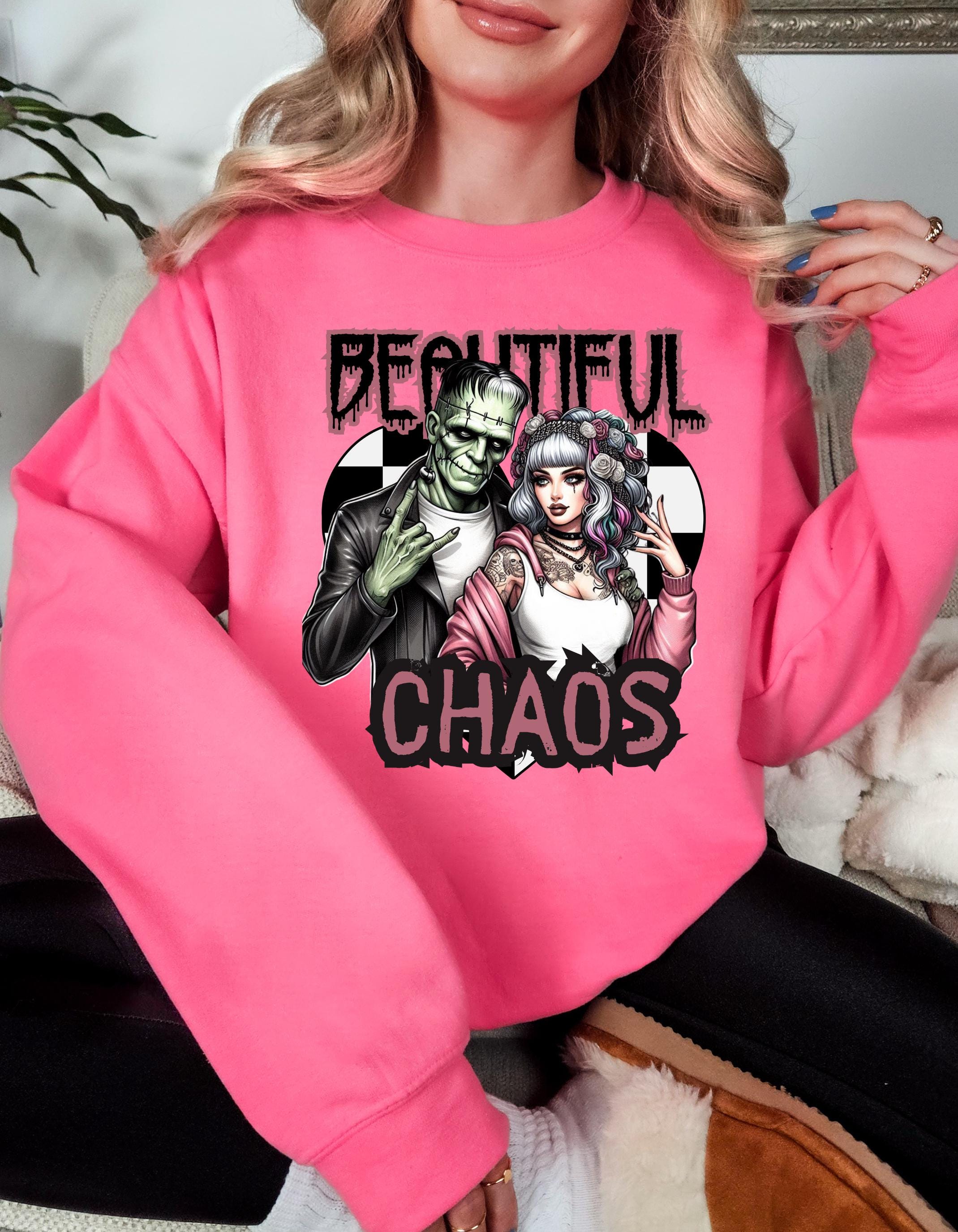 Personalizable Frankenstein and Bride Urban Hoodie - Gothic Streetwear Sweatshirt for Couples Crewneck Sweatshirt