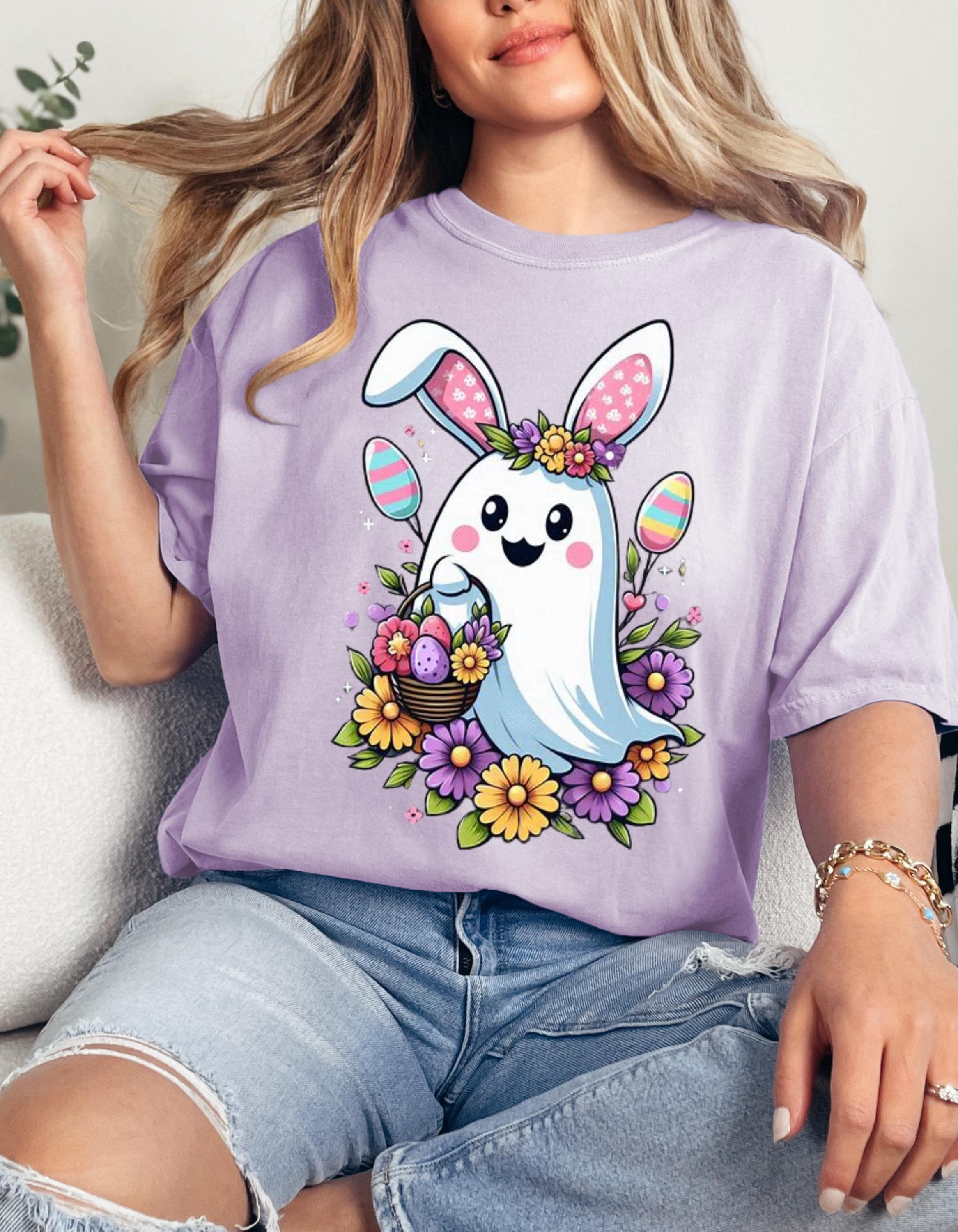 Easter Bunny Unisex Heavy Cotton Tee, Cute Spring Shirt, Easter Gift, Floral Tee, Holiday Apparel, Animal Lover Top, Spring Celebration Wear