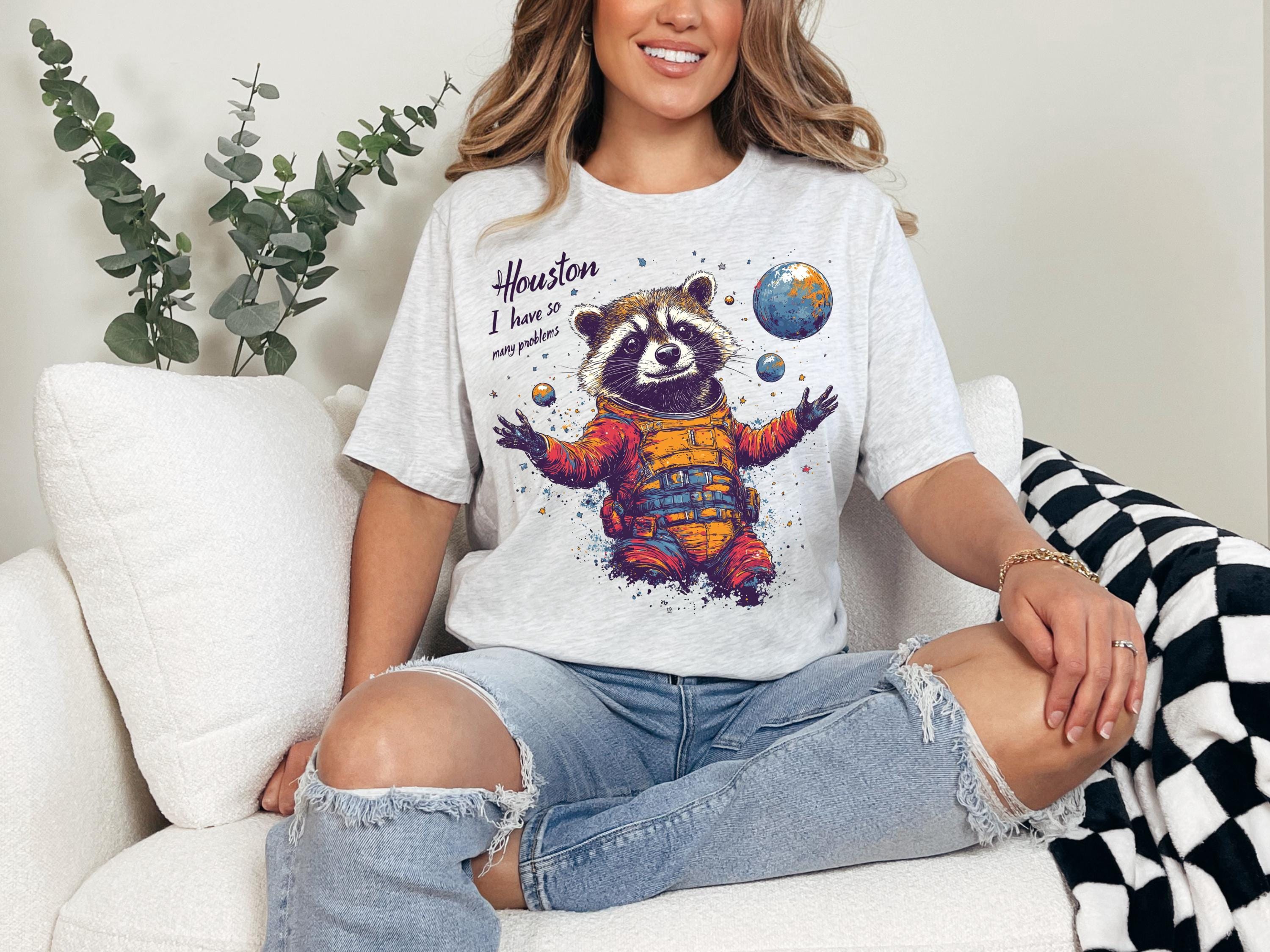 Houston I Have Many Problems Raccoon Tee, Funny Graphic T-Shirt, Unisex Cotton Shirt, Cute Animal Top, Space Humor Gift, Astronomy Lover