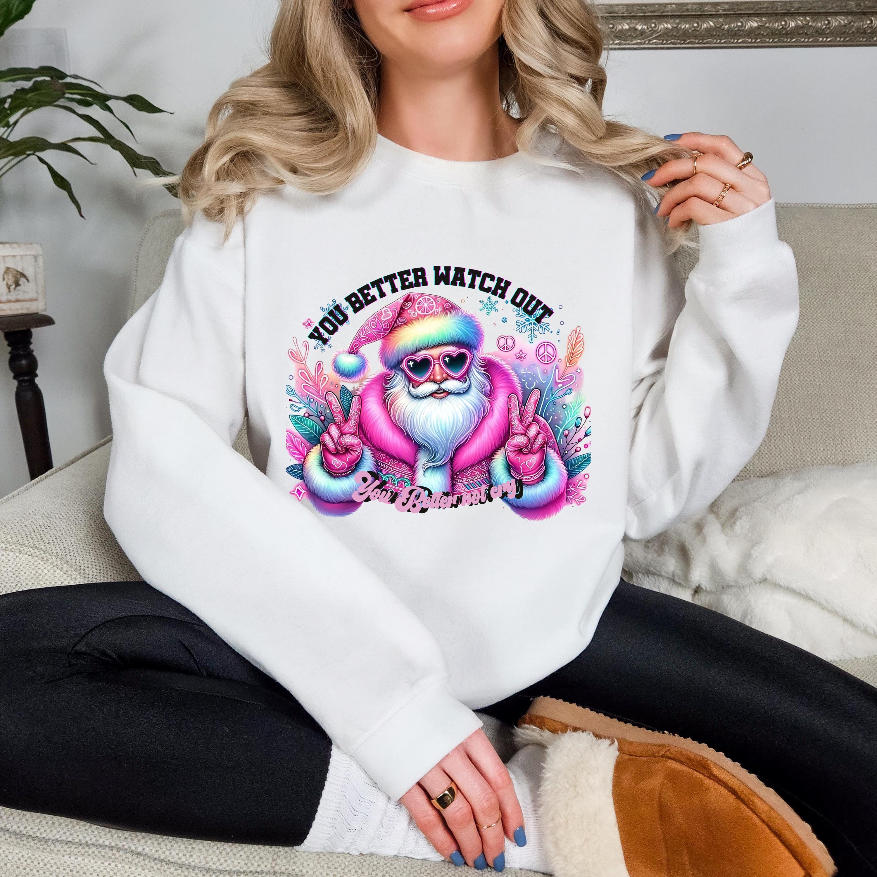 Personalizable Neon Hippie Santa Sweatshirt - Vibrant Psychedelic Christmas Jumper with Peace Sign - Unique Festive Holiday Apparel”