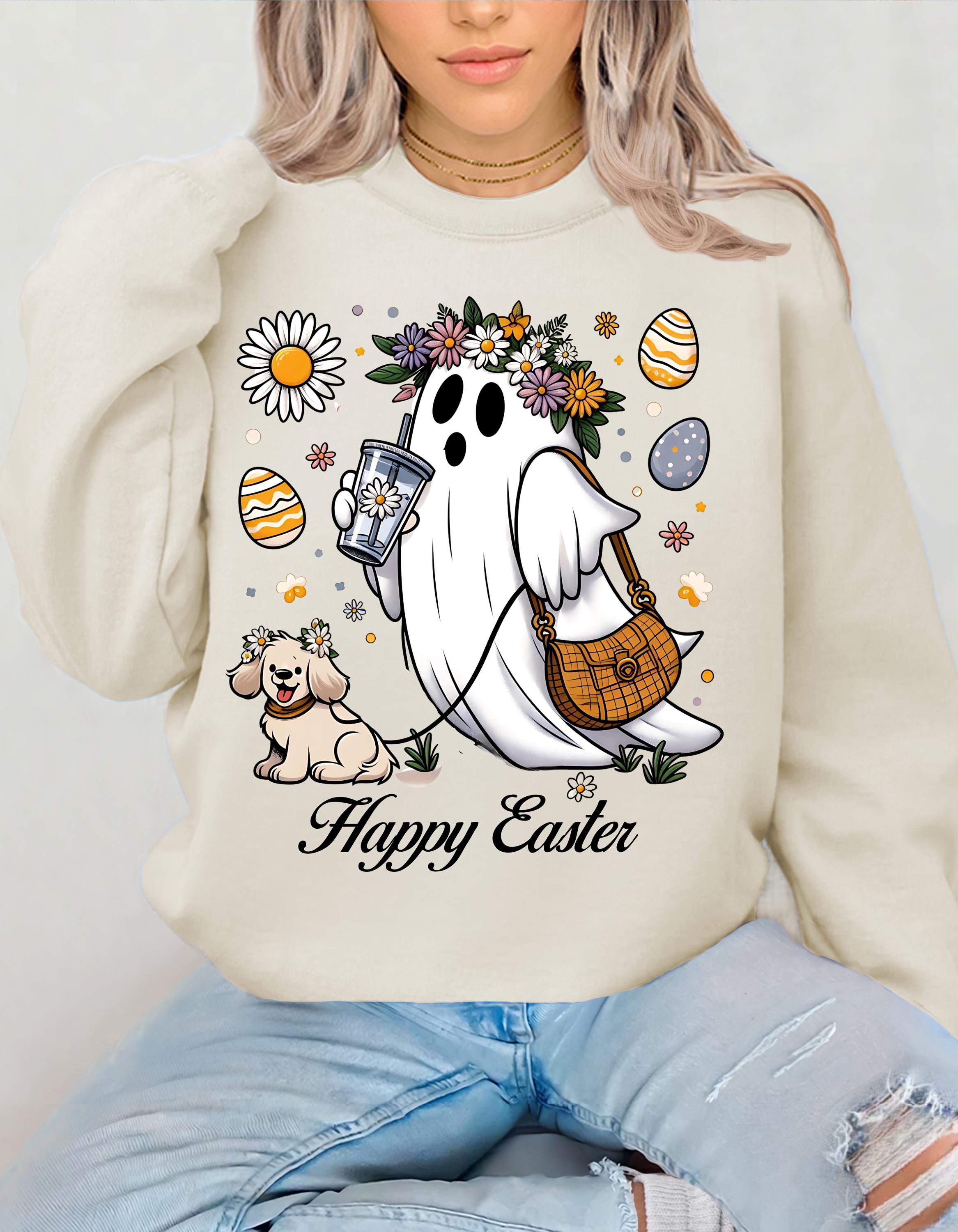 Happy Easter Ghost & Dog Sweatshirt, Unisex Crewneck, Frühlings-Urlaubs-Sweatshirt, Süßes Ostergeschenk, Gemütliche Osterbekleidung, Tierliebhaber Hoodie