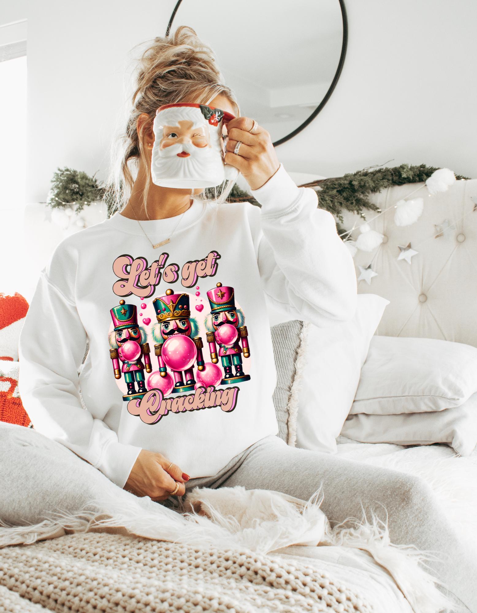 Personalizable Pink Nutcracker Christmas Sweatshirt, Unisex Crewneck Jumper, Holiday Pullover, Let's Get Cracking Design