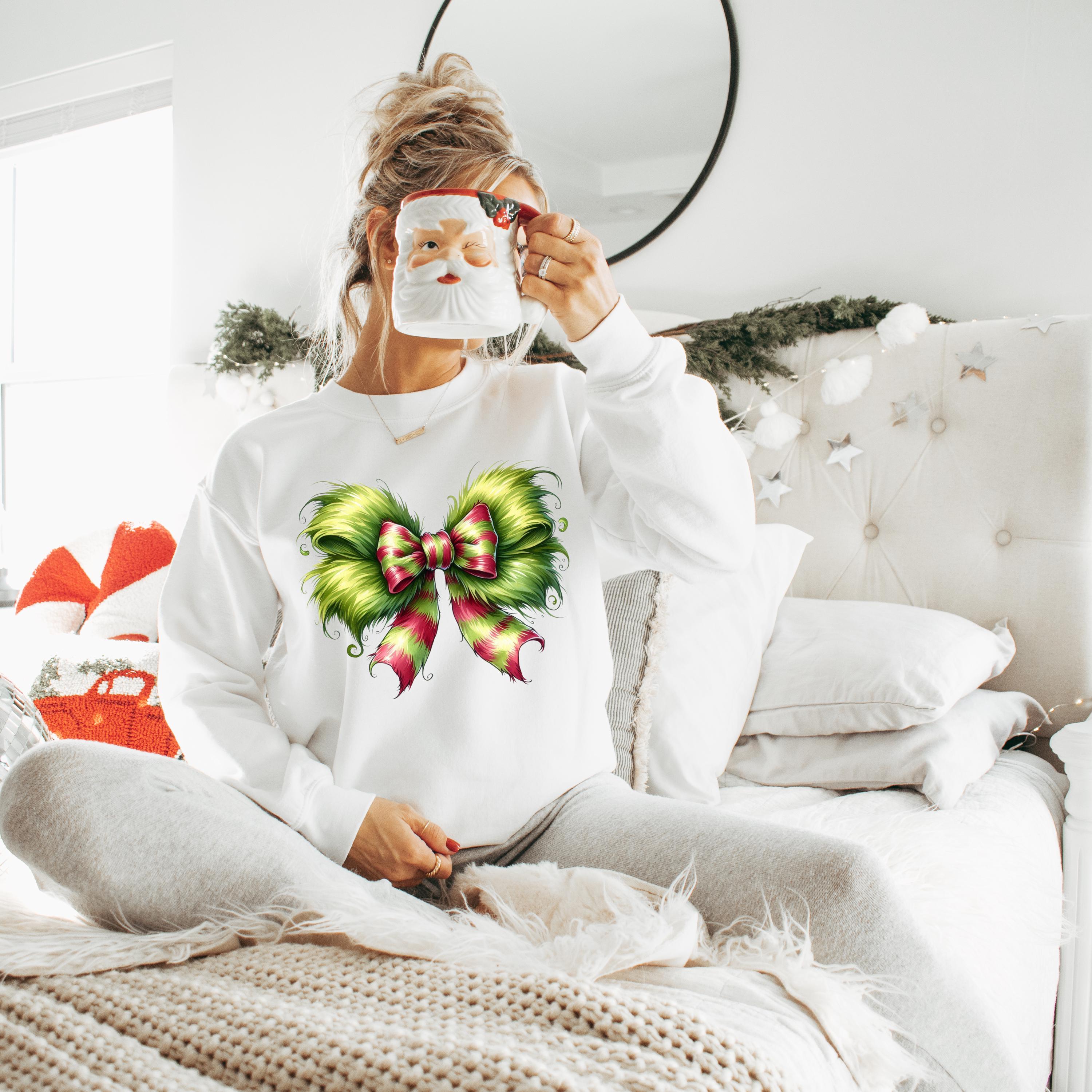 Personalizable Festive grinch Bow Sweatshirt for Cozy Holidays