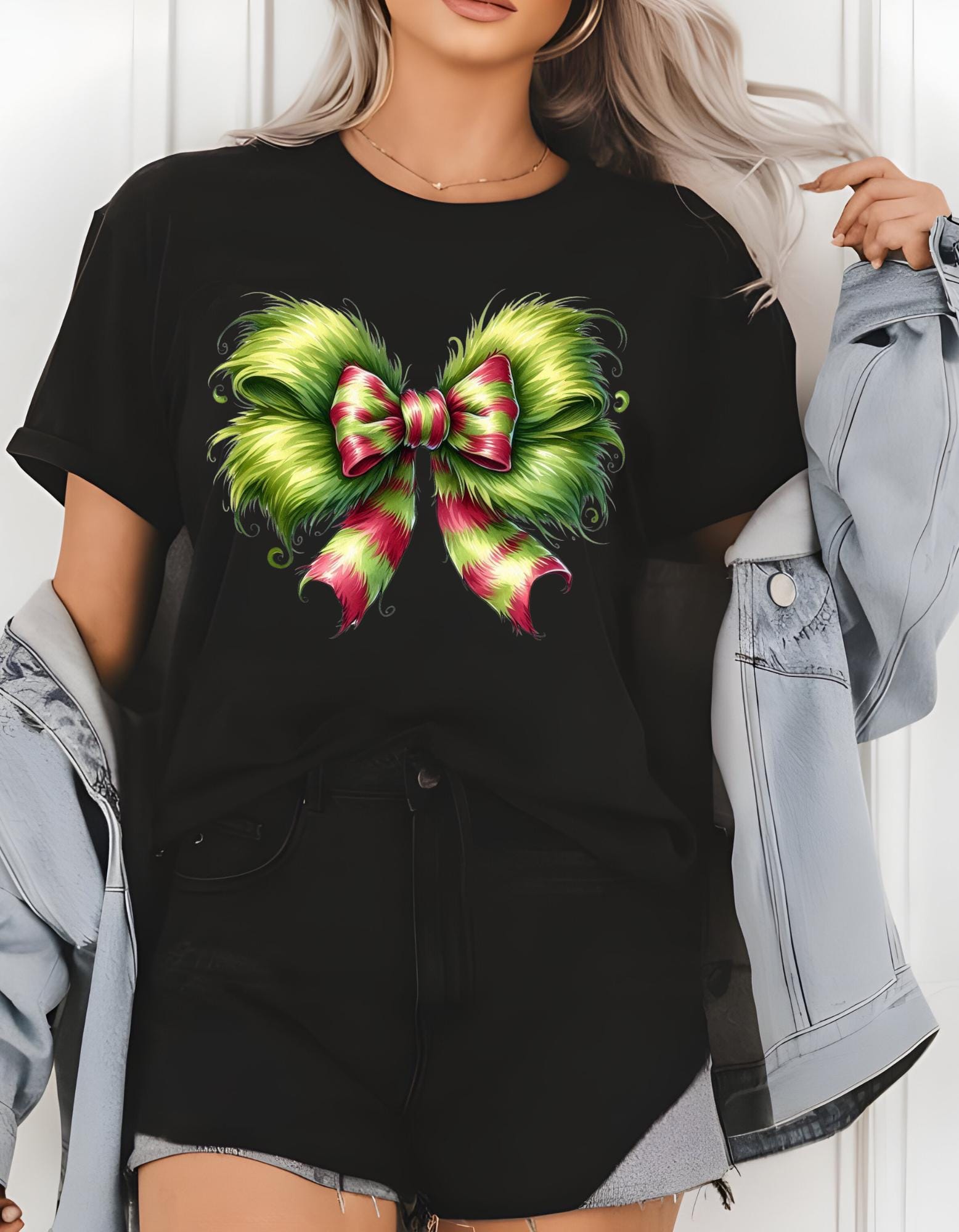 Personalizable Green Monster Grinch Christmas Bow T-Shirt - Fun and Festive Holiday Apparel