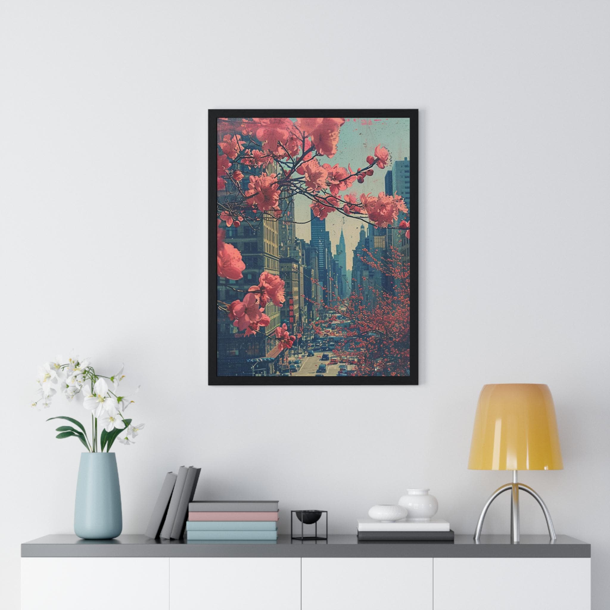 Vertical Framed Poster, Cherry Blossoms in New York City, Zen Art, Japan Art, Bring Flowers, Home Decor Wall Art, Wall Hanging Decoration