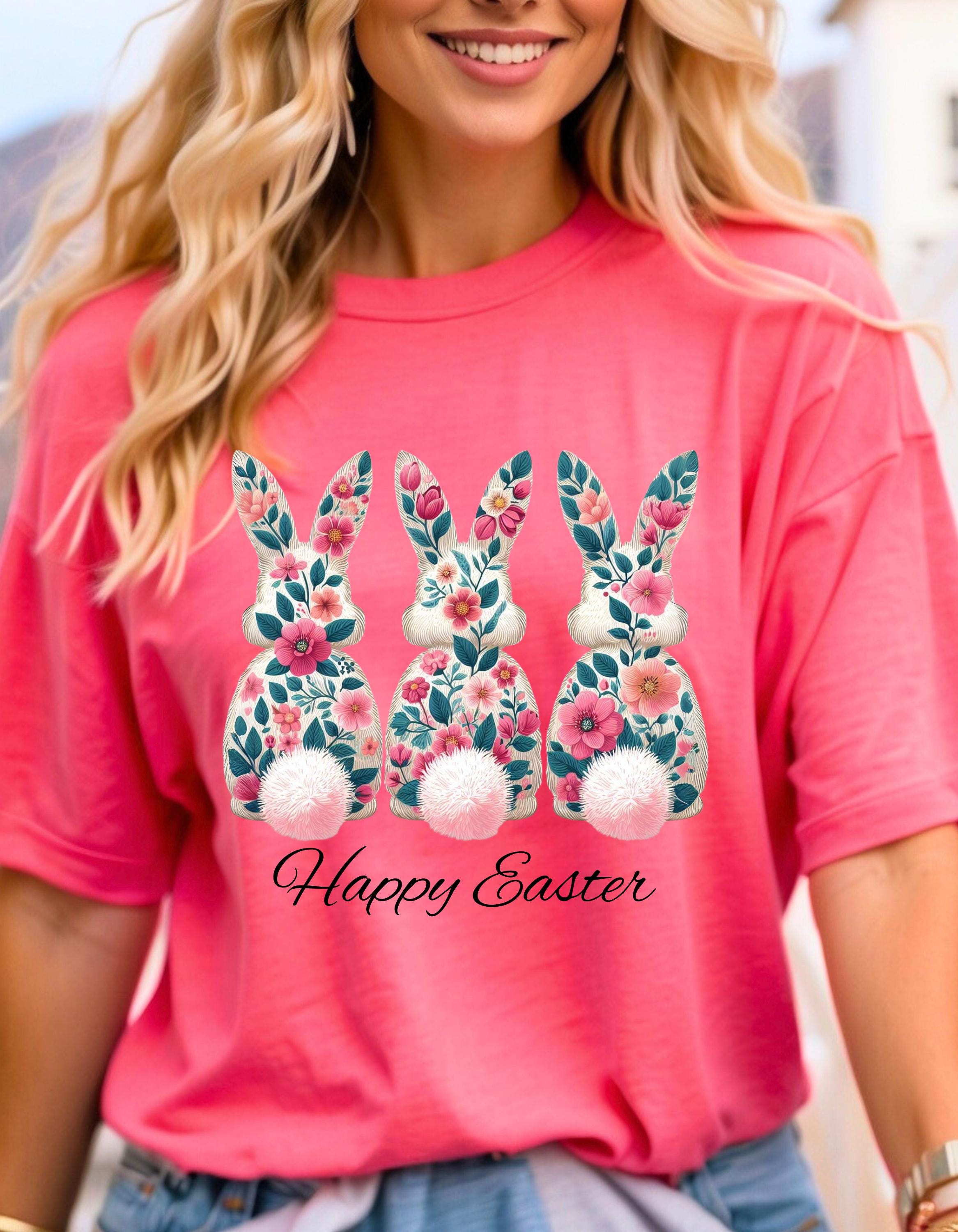 Florales Osterhasen T-Shirt, Frühlings T-Shirt, Unisex Baumwollshirt, Osterfeier Top, Süßes Geschenk zu Ostern