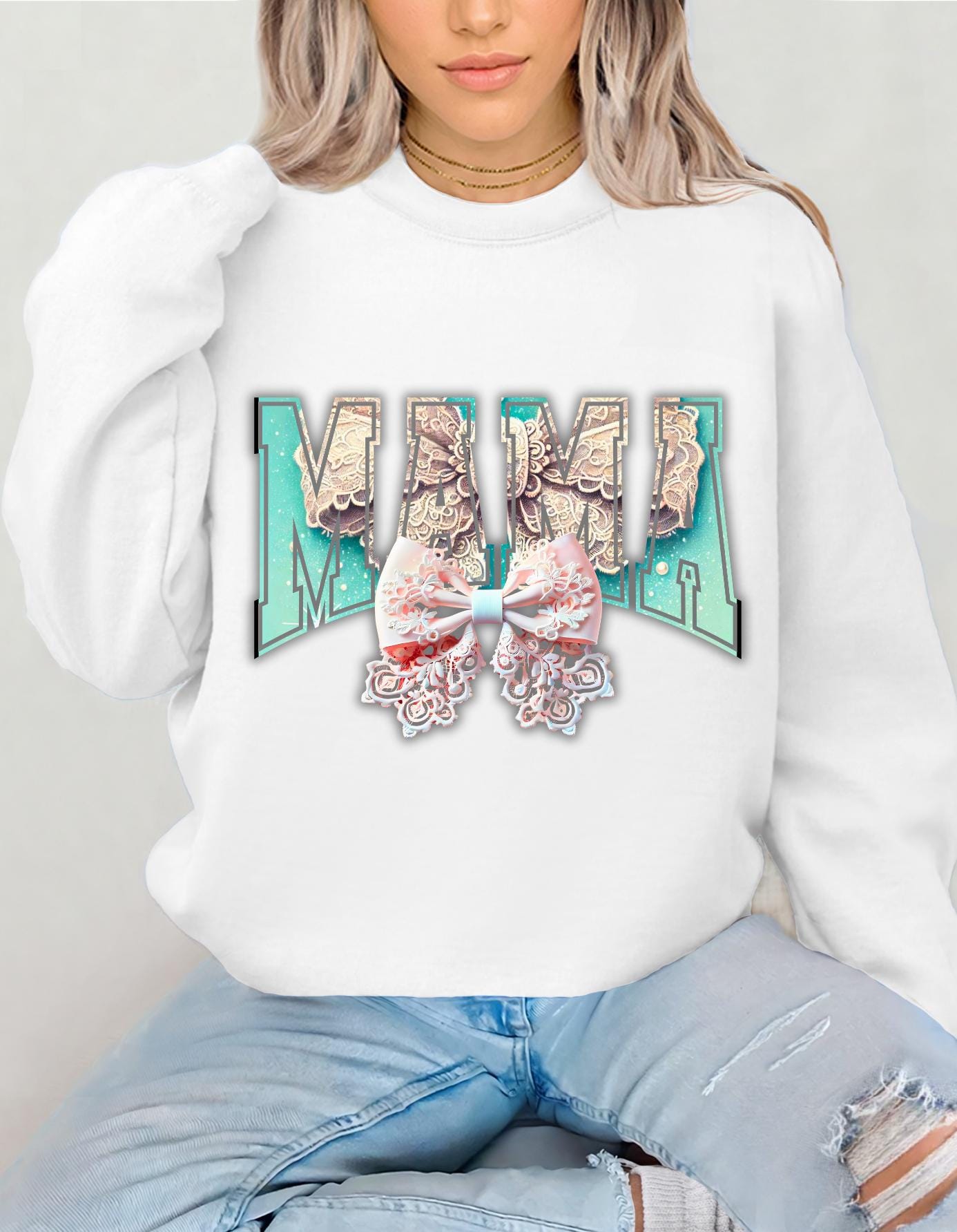 Personalizable Collegiate Font Mama Mom Gift Unisex Sweatshirt, Mother's Day Coquette Bow Design, Cute Crewneck Jumper, Gift for Her