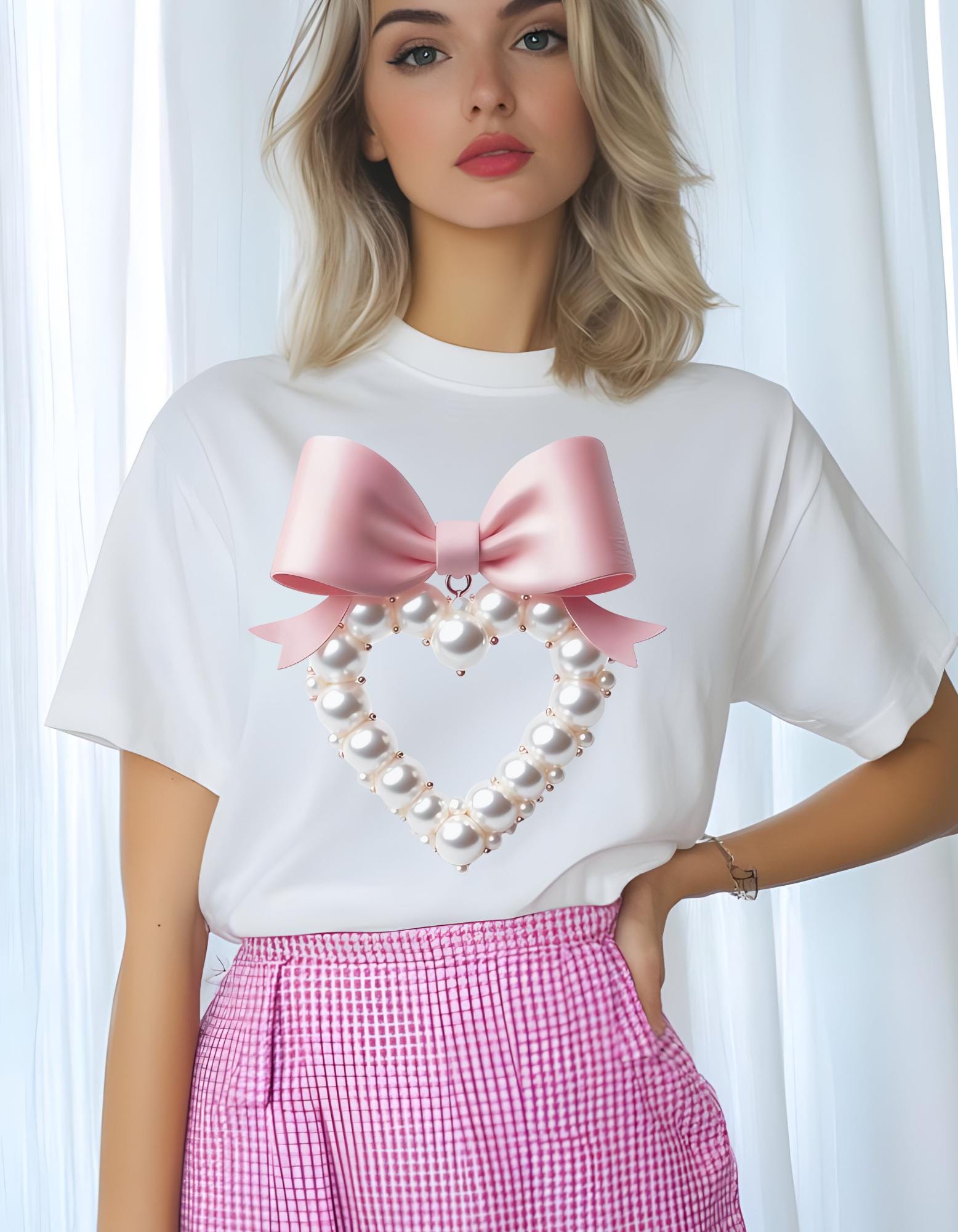 Personalizable Coquette Pearl Heart Sweater, Cute Pearl Aesthetic Shirt, Custom White Bow Tee, Unisex Cotton Top, Coquette Bow Sweater