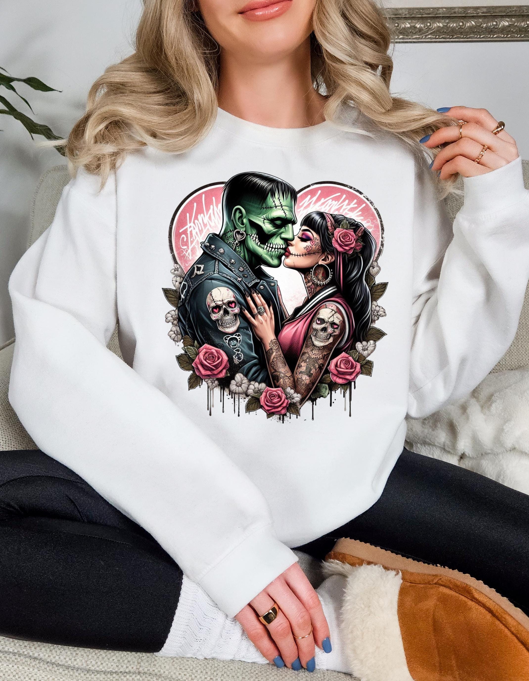 Personalizable Frankenstein & Bride Sweatshirt - Gothic Romance Pullover - Unisex Halloween Apparel - Cozy Fall Wear