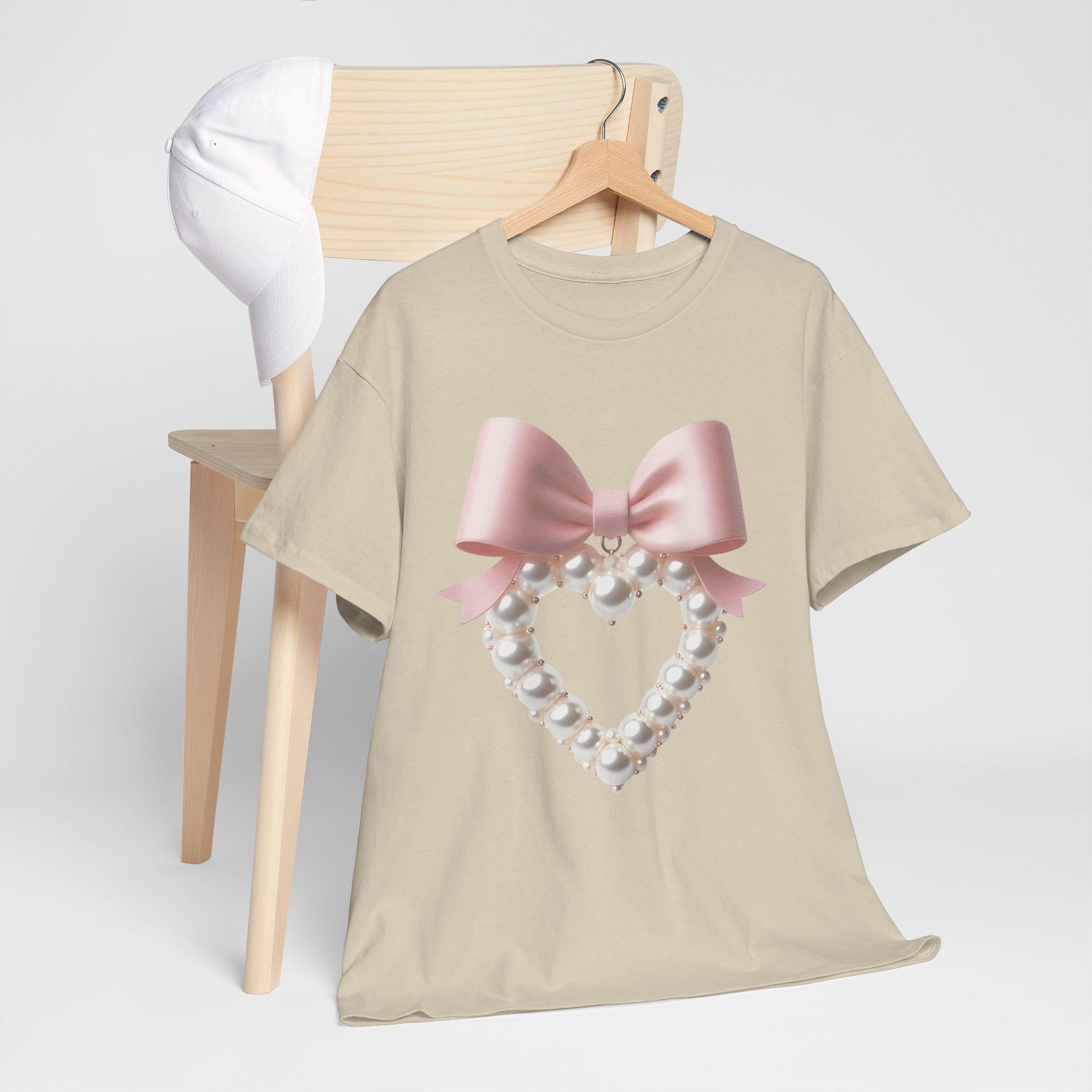 Personalizable Coquette Pearl Heart Sweater, Cute Pearl Aesthetic Shirt, Custom White Bow Tee, Unisex Cotton Top, Coquette Bow Sweater