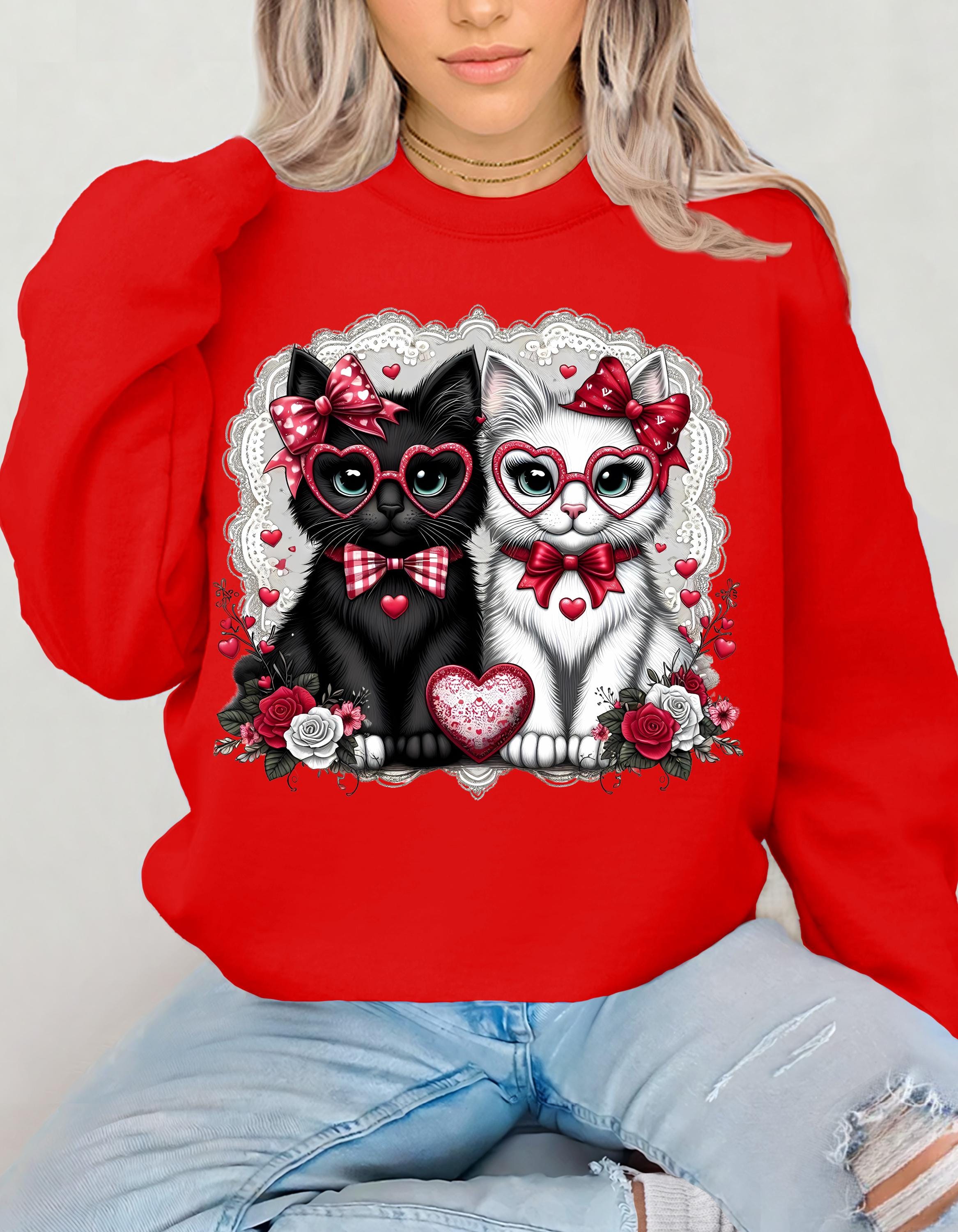 Süßes Coquette Valentinstag Kätzchen Sweatshirt, Valentinstag Geschenk, Katzenliebhaber Pullover, Romantischer Pullover, Herz Design Pullover, Entzückend