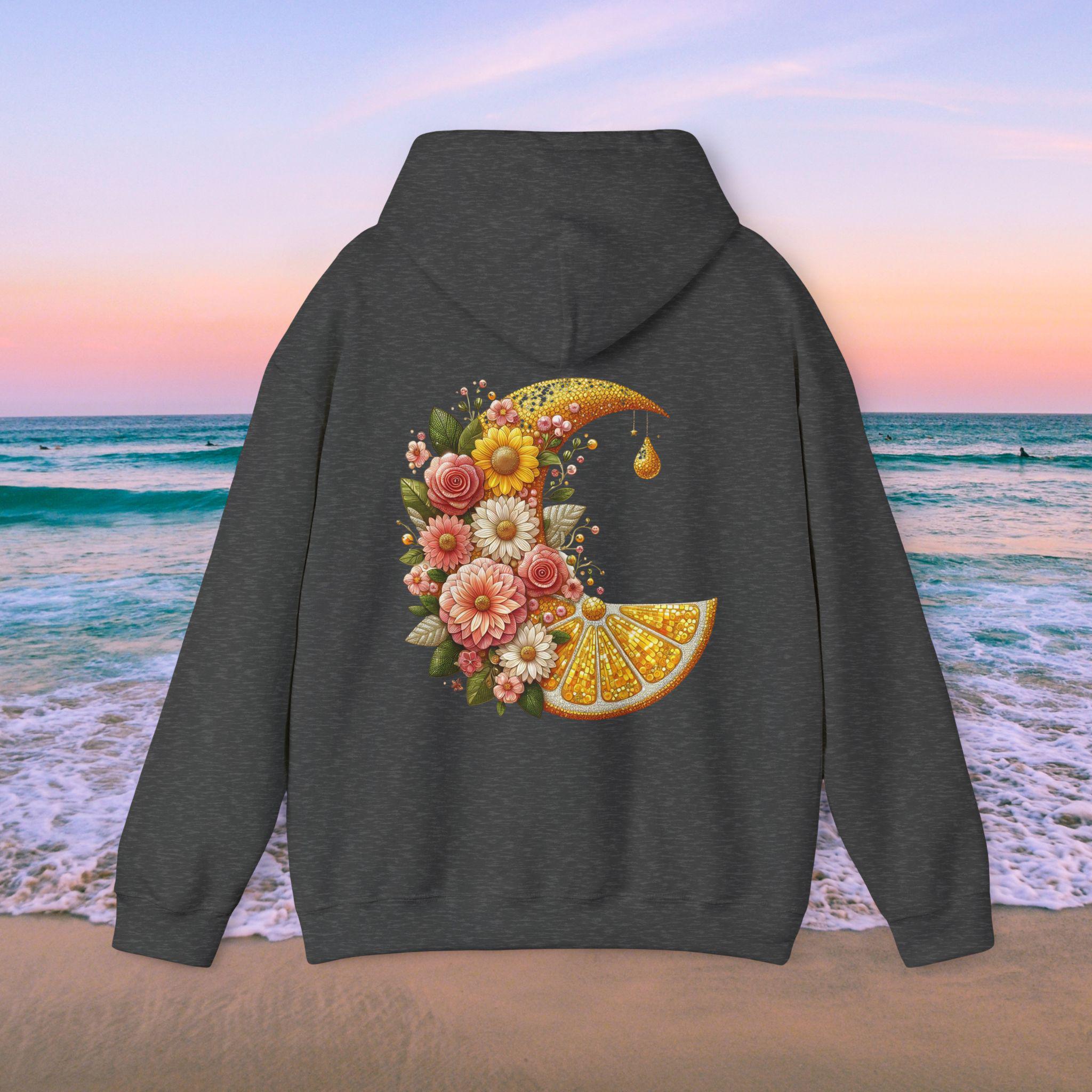 Frucht Hoodie, Lemon Moon Sweatshirt, Gärtnerfreude, Einzigartiges Geschenk für Sie, Florales Obstmuster, Coquette Style, Paillettenkunst, Roségold