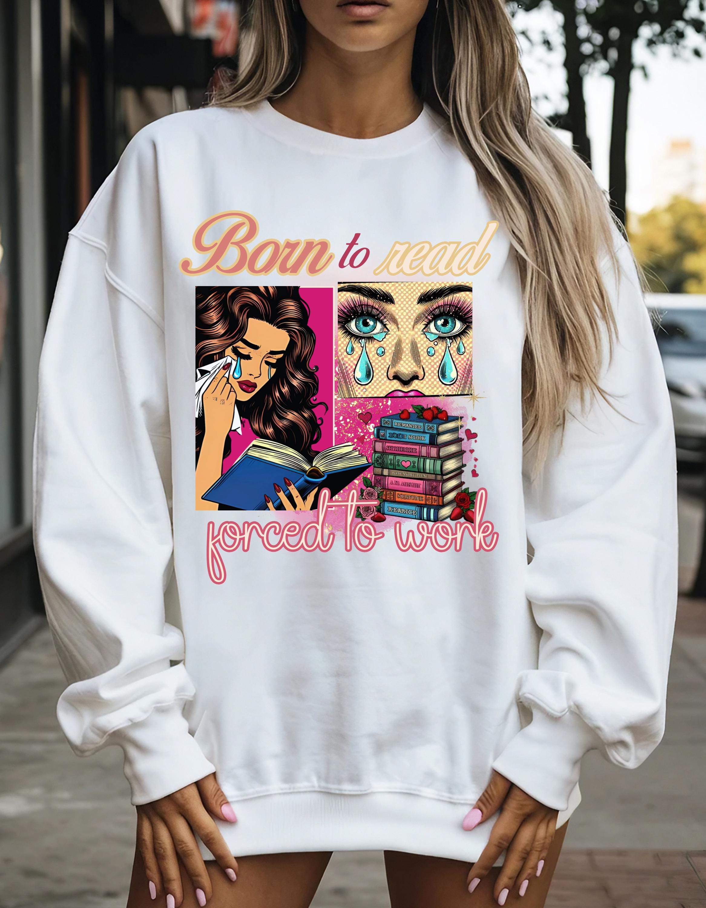 Comic Book Lover Pop Art Unisex Sweatshirt, Born to Read Damen Leseshirt, Crewneck Pullover, Geschenk für Leser, Lustiges Bücherwurm Top