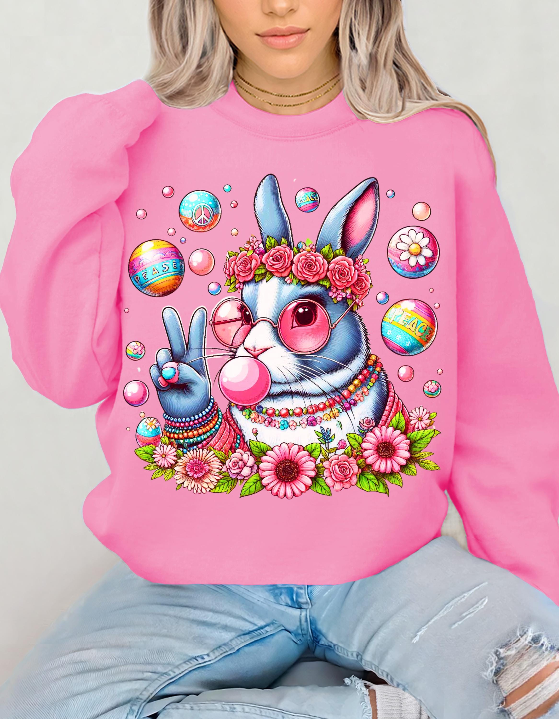 Easter Bunny Sweatshirt, Cute Animal Hippie Peace Sign Jumper, Unisex Crewneck, Easter Gift, Spring Pullover, Rabbit Sweater, Easter Shirt