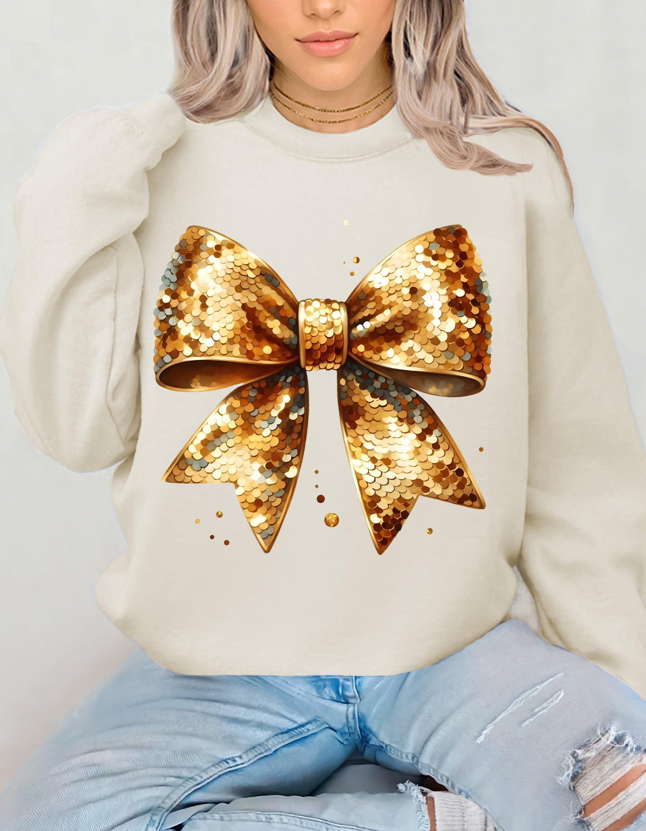 Coquette Gold Bow Sequin Crewneck Sweatshirt for New Year's Party, NYE Sweatshirt, Sparkly Sequin Holiday Sweatshirt, Christmas Sweatshirt,