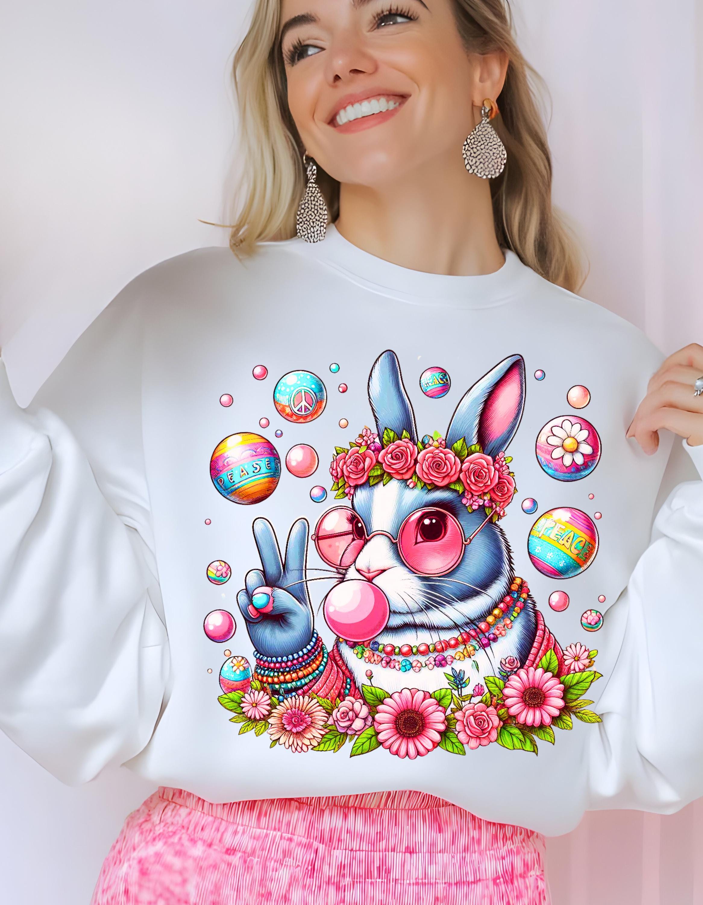 Easter Bunny Sweatshirt, Cute Animal Hippie Peace Sign Jumper, Unisex Crewneck, Easter Gift, Spring Pullover, Rabbit Sweater, Easter Shirt